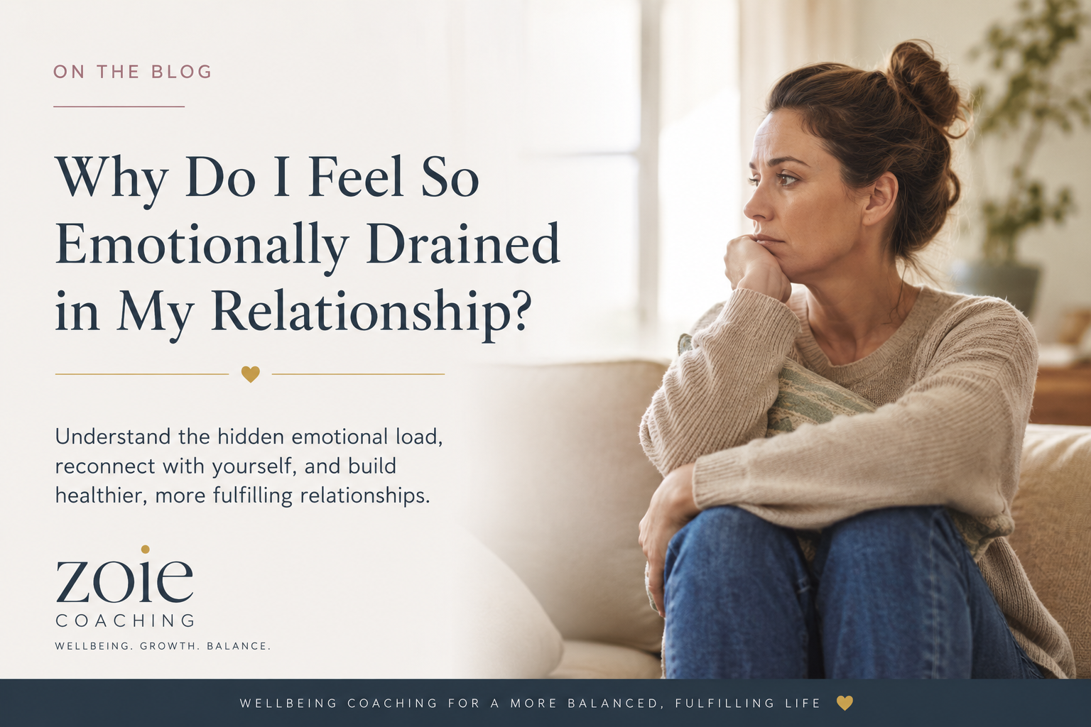 Woman reflecting on emotional wellbeing, stress management, and relationship balance through coaching
