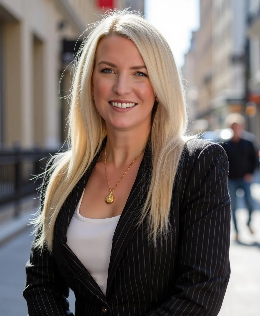 A smiling blonde woman in a black pinstripe blazer and white top standing on a city street with sunlight.