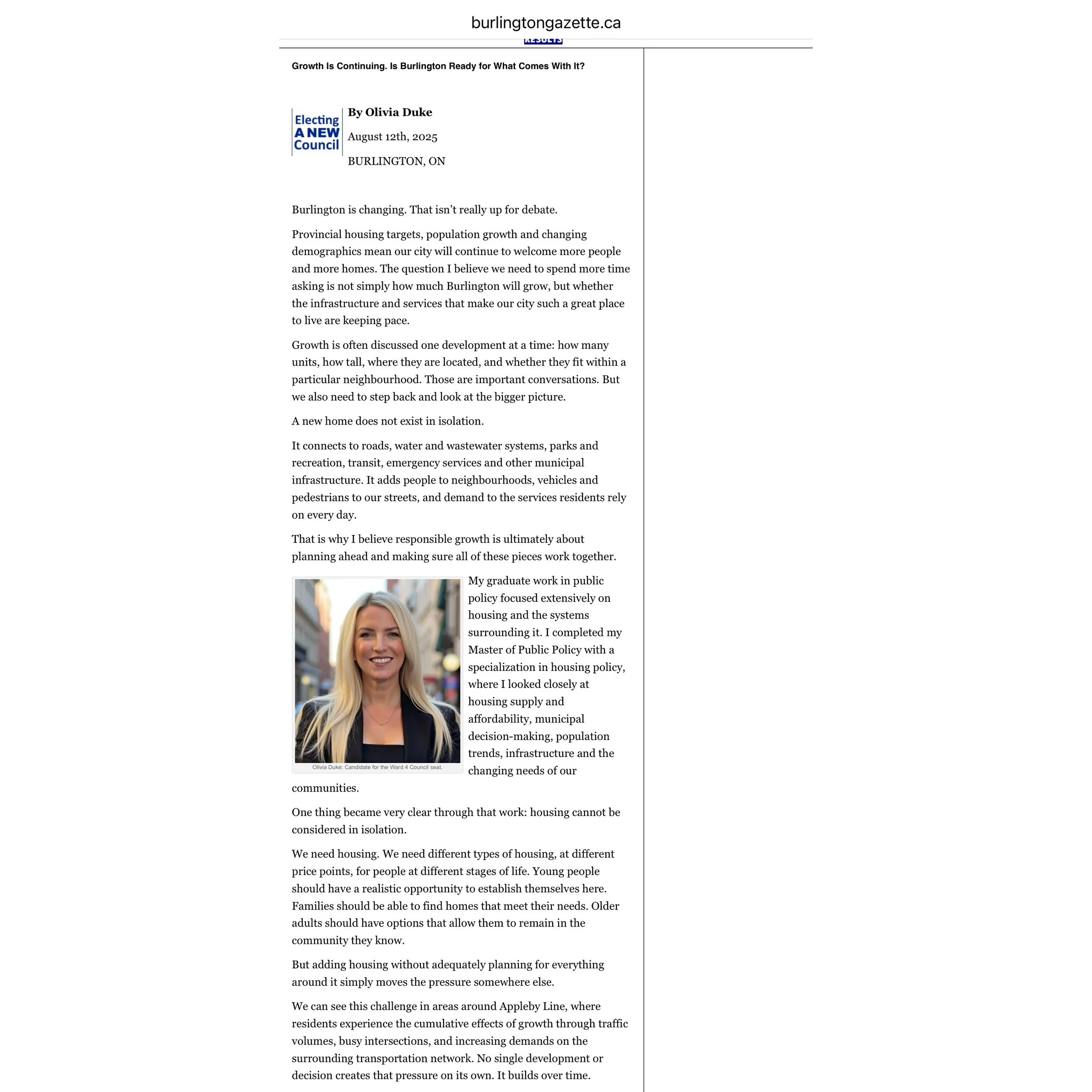I recently had the opportunity to contribute an article to the Burlington Gazette as part of its series featuring candidates who are not currently on Council.

When deciding what to write about, I kept coming back to the conversations I&rsquo;ve been