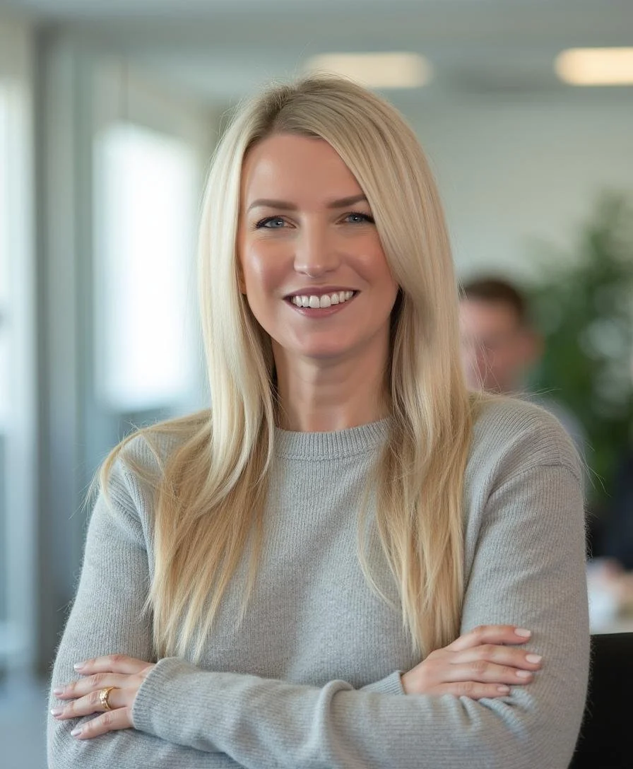 A blonde woman wearing a light gray sweater, smiling with arms crossed, in an office setting.