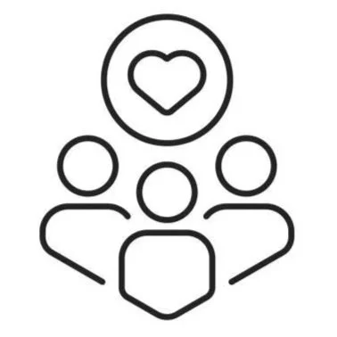 Line drawing of three people with hearts above and in front of them, representing love or community.