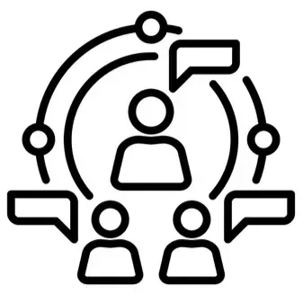 Icon of a person surrounded by three other people, with speech bubbles indicating communication or discussion.