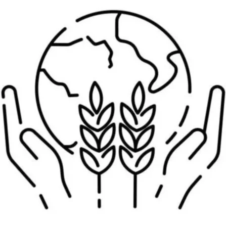 Illustration of hands holding the Earth with two wheat stalks beneath it.