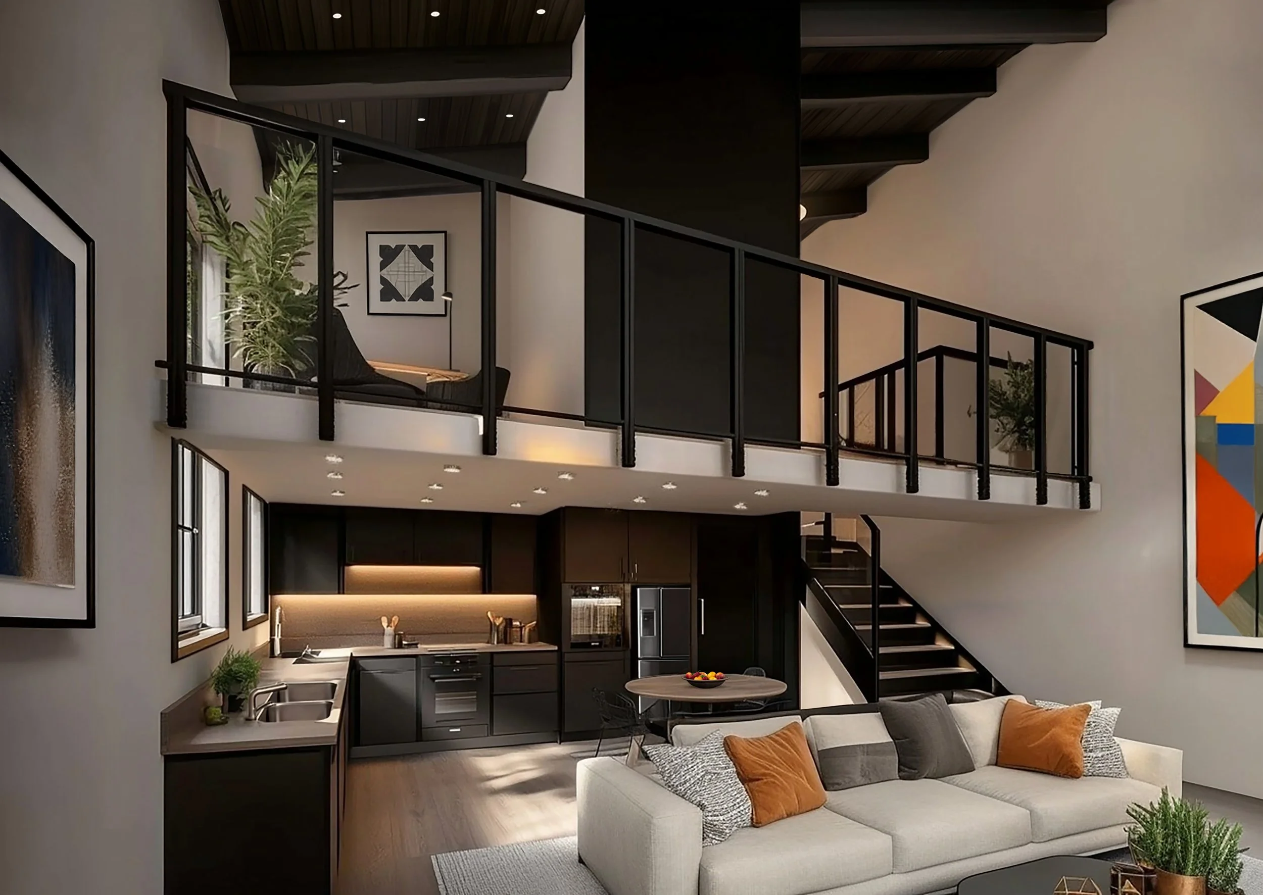 Interior of a modern multi-level home with open kitchen and living area, black staircase, balcony railing, abstract artwork, and seating with colorful cushions.