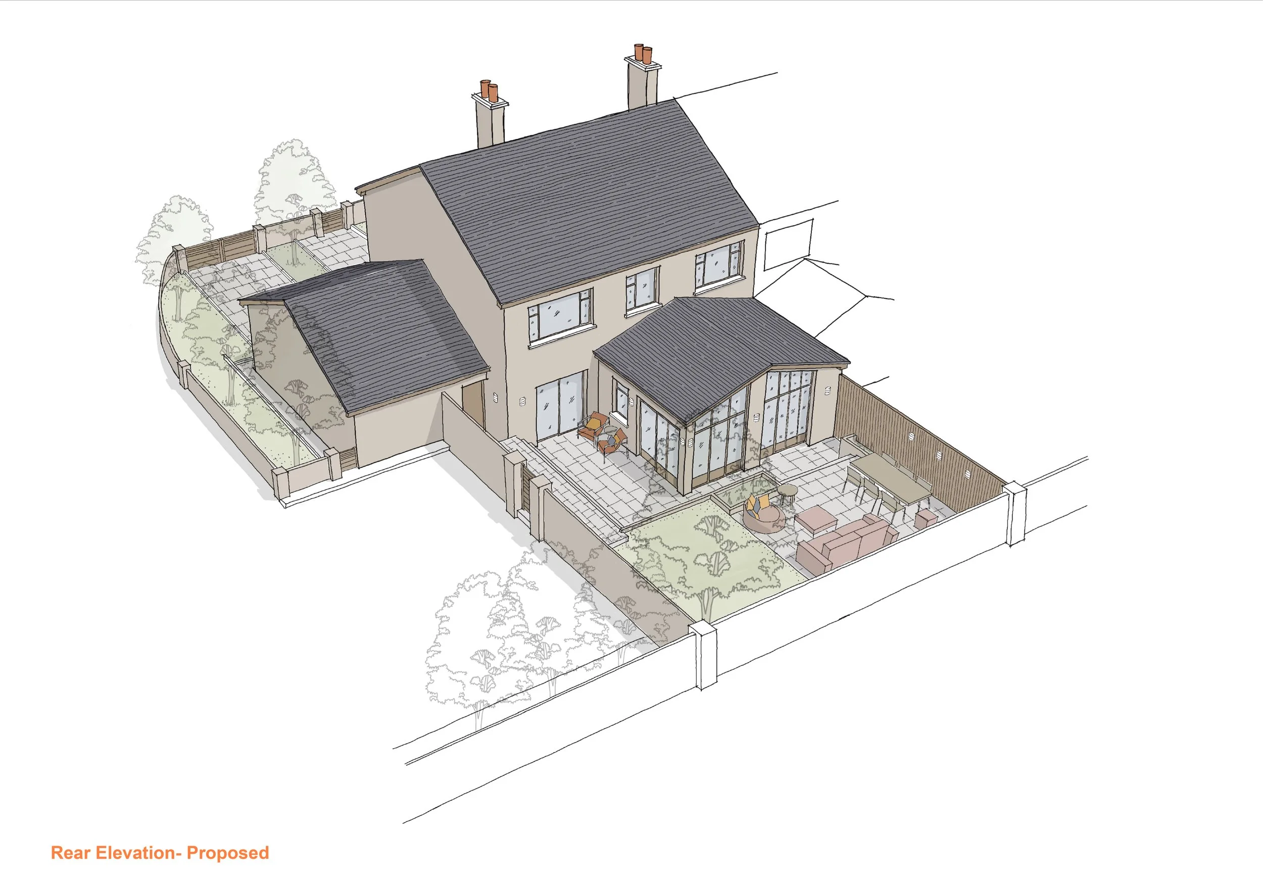 Proposed design - Rear elevation hand drawn aerial sketch