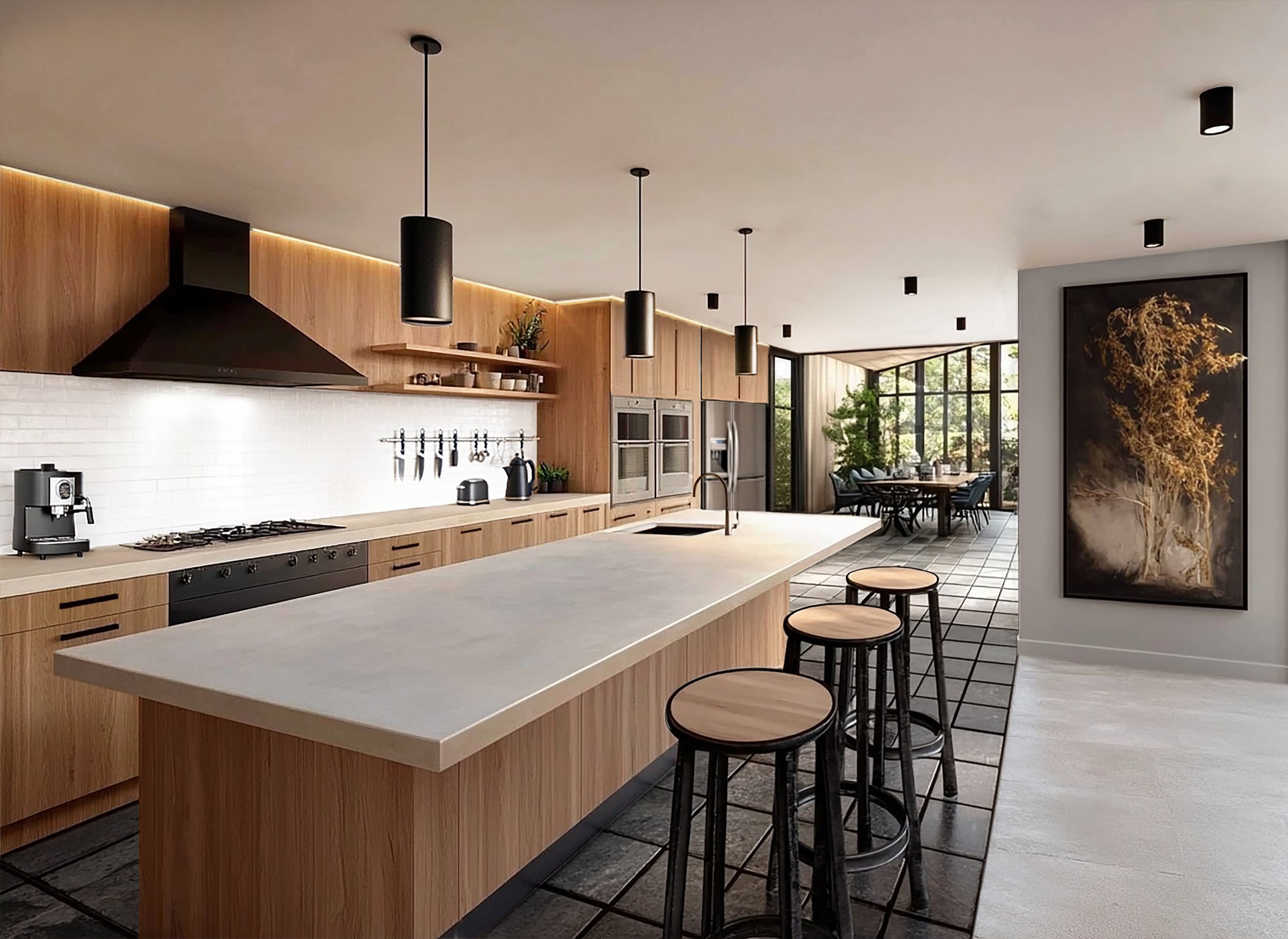 Modern kitchen with wooden cabinets, a large island with bar stools, black pendant lights, a white brick backsplash, and a dining area with large windows showing greenery outside.
