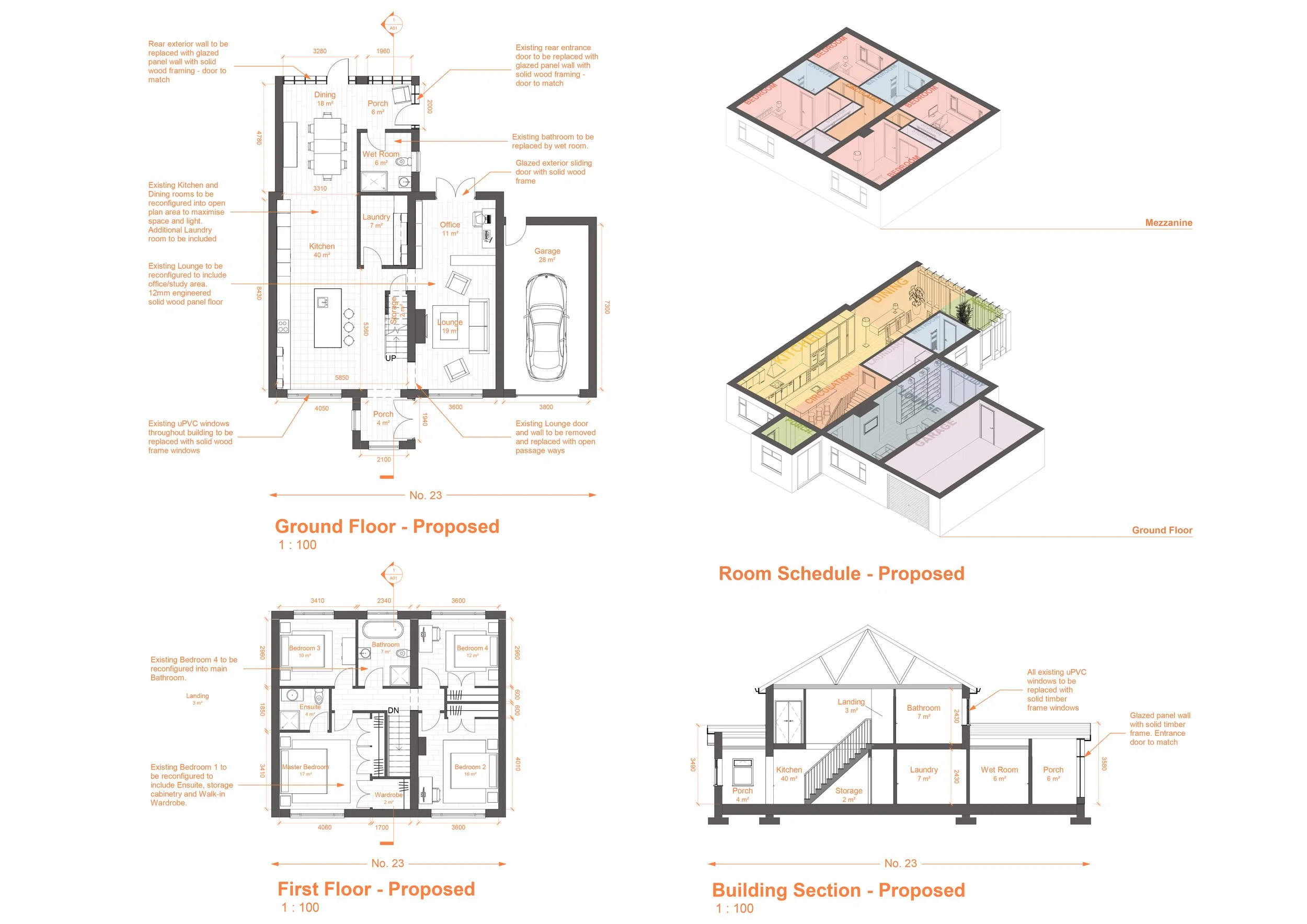 Proposed Floor Plans, Section and Room Schedule