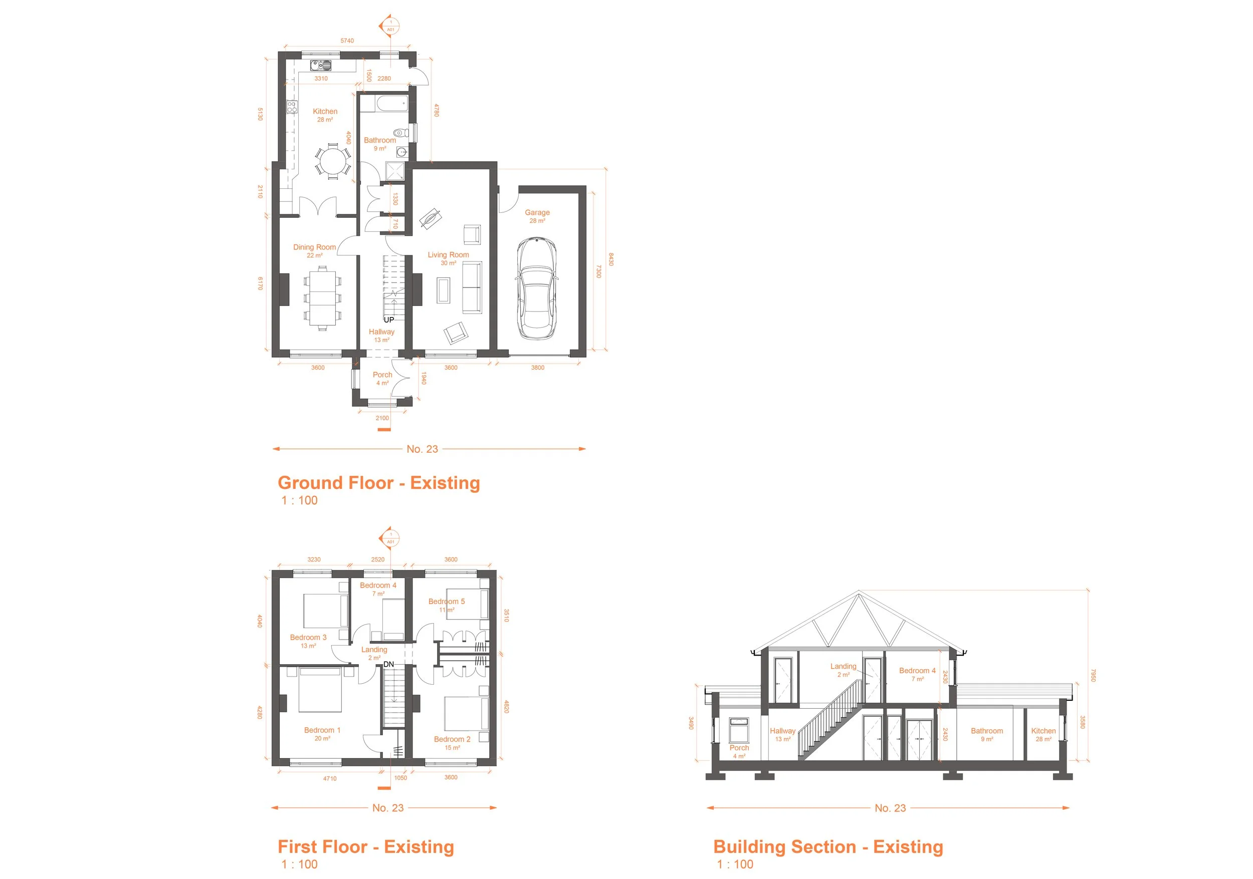 Planning drawings - Existing building floor plans and section