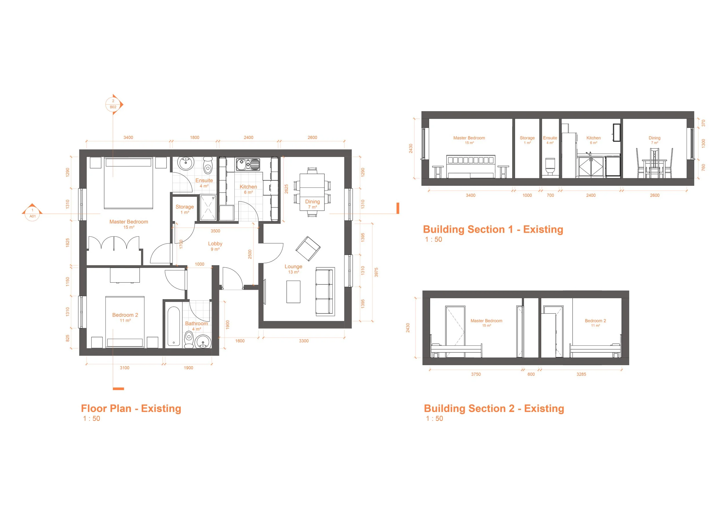 Existing apartment floor plan and sections