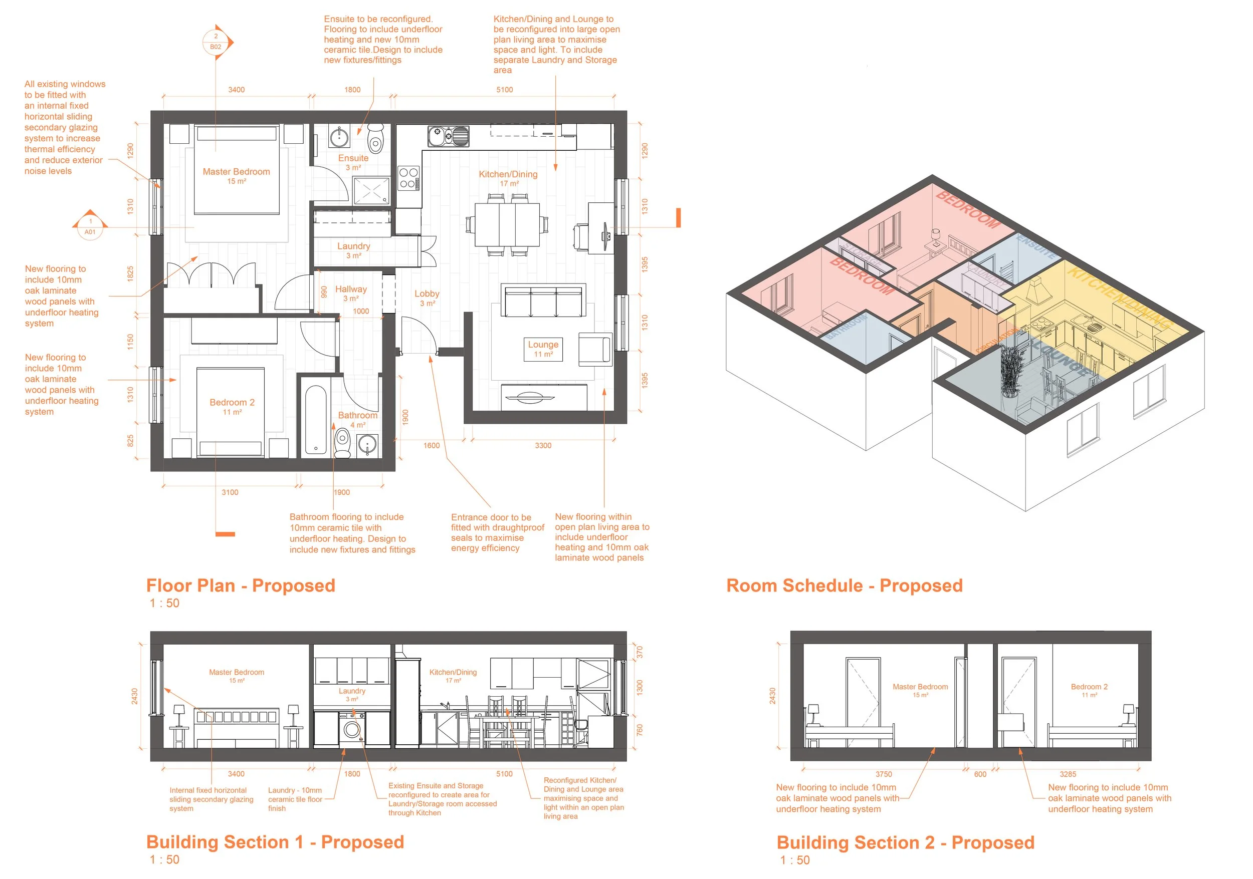 Proposed apartment floor plan, sections and room schedule