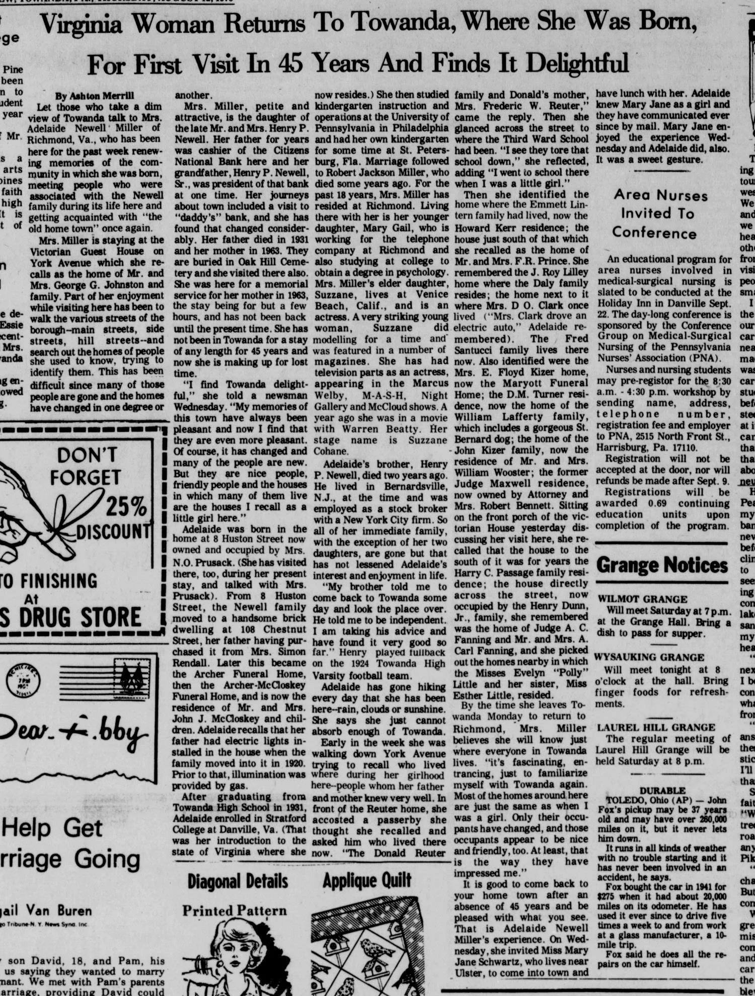 Adelaide Newell Miller was six years old when her parents, Henry and Bertha, bought the house in 1920. This extensive article discusses her return to Towanda in the 1970s, including some fun facts about the house.