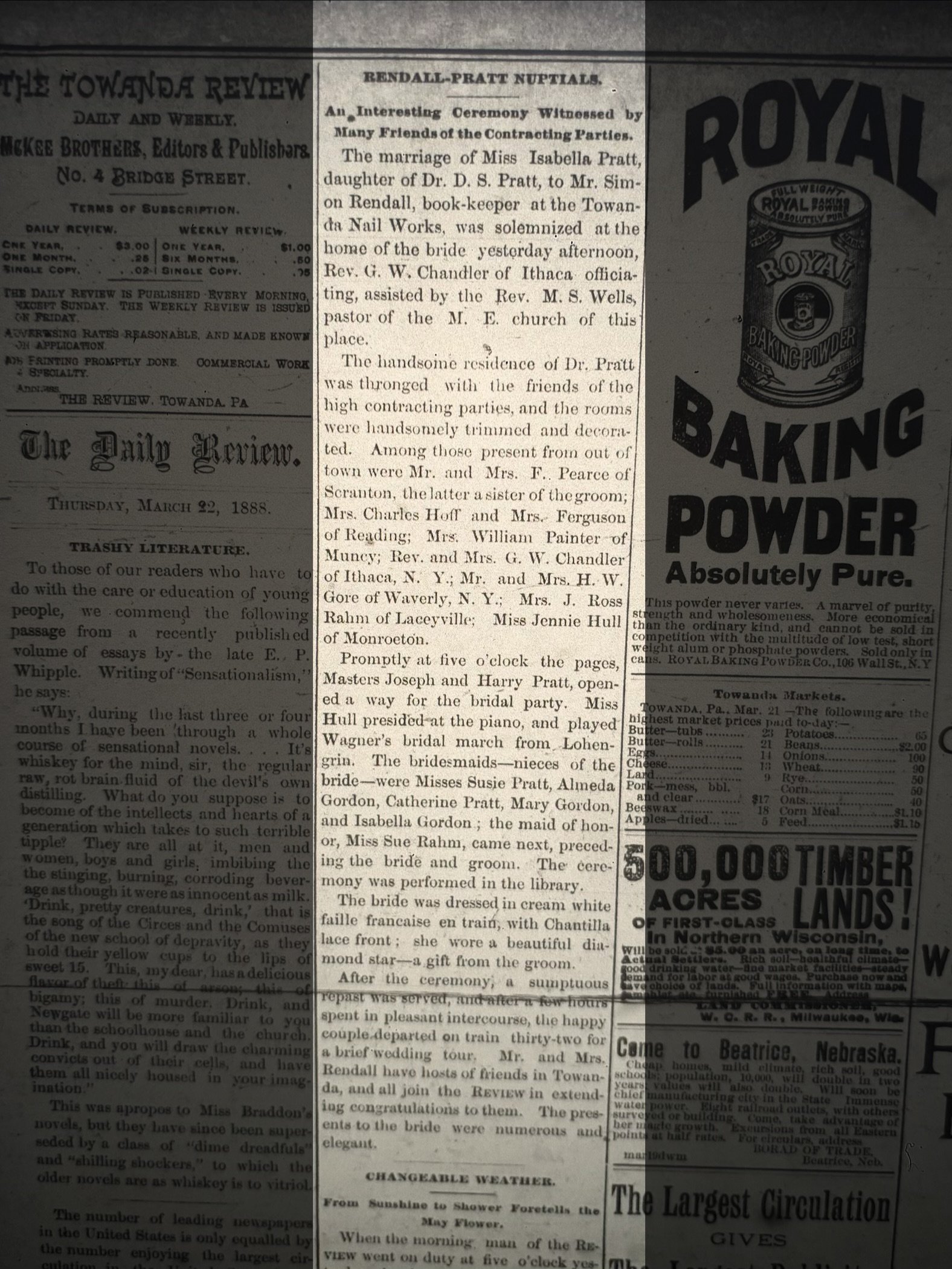 Newspaper description of Simon and Isabella's March 1888 wedding.