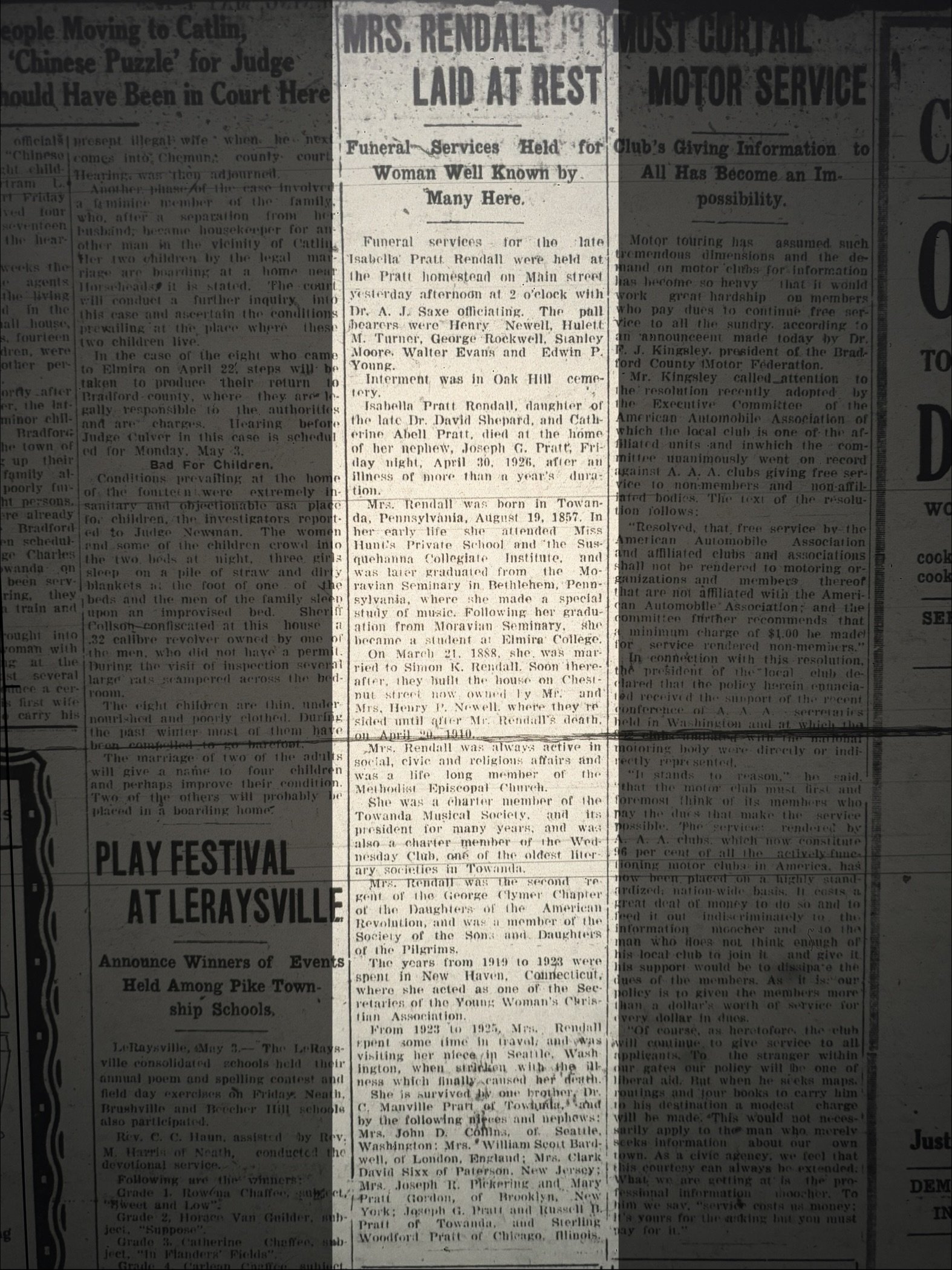 Isabella Pratt Rendall's obituary, April 1926. Of note - Henry Newell, the man to whom she sold the house six years prior, was one of her pallbearers.