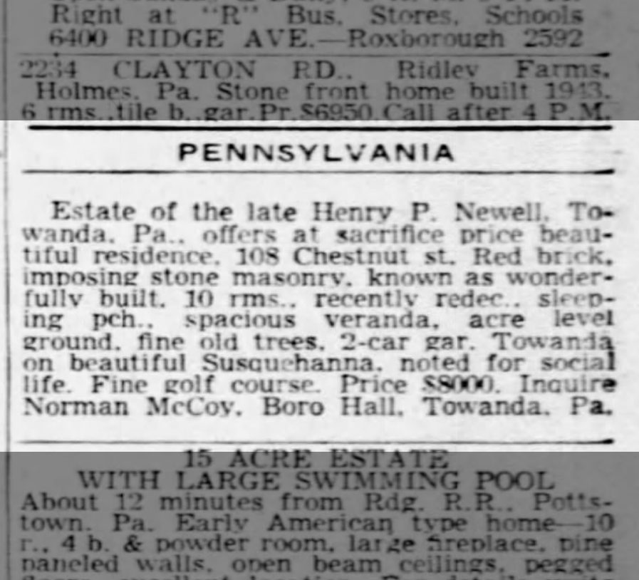 Although Henry Newell died in 1931, his wife Bertha owned the house until the mid-1940s, renting it out to at least one family. This advertisement from the Philadelphia Inquirer is from 1945, shortly before the house was purchased by its third owners