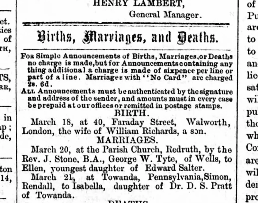 Nearly 40 years after he emigrated to America, Simon's wedding to Isabella is announced in a Somersetshire newspaper.