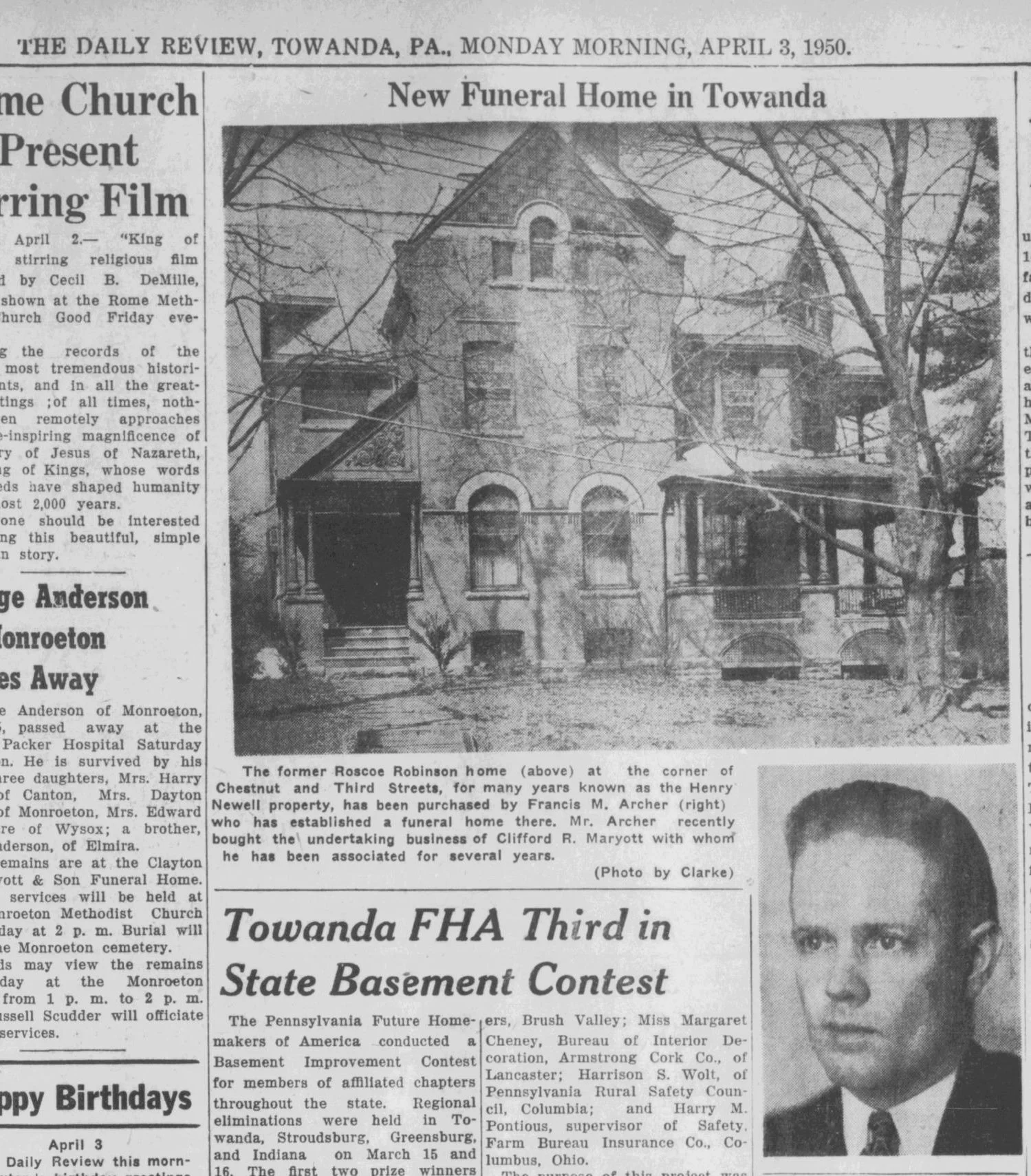 A March 1950 article discussing Francis "Bob" Archer's purchase of the house and intention to turn it into a funeral home. The Archers - Bob, wife Mary, and children Bobby and Mary Ellen - lived in the upper portion of the home, while the ground floo