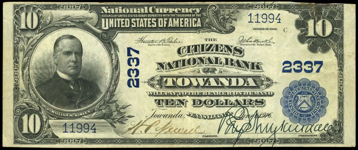 Second owner Henry Passmore Newell was the cashier at the Citizens National Bank, a prominent building which still stands at the corner of Bridge and Main streets. This $10 note has Henry's signature, bottom center.