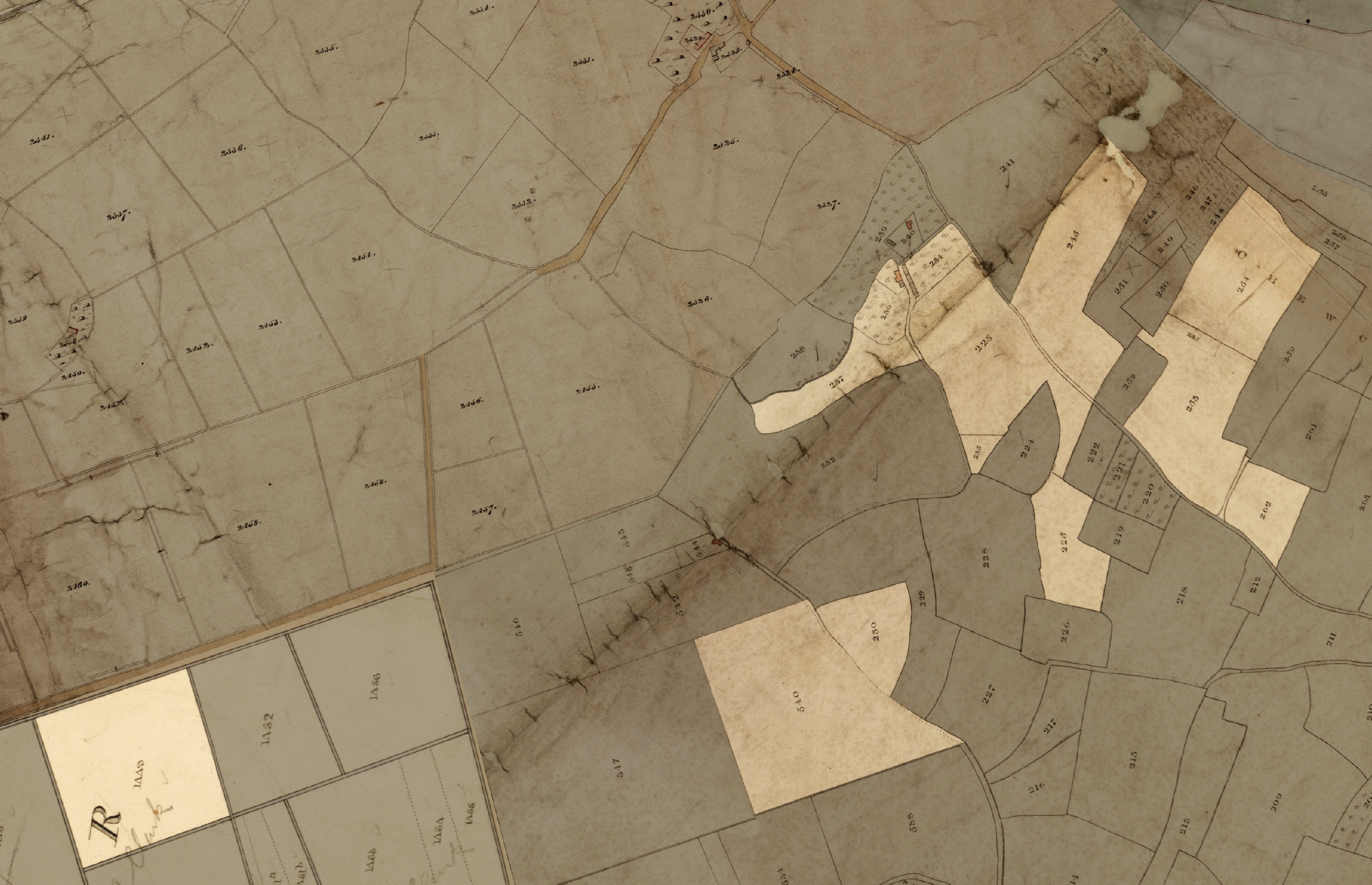 The original Launchley - or Launcherly, as it was also known. Highlighted are the lands owned by Simon Rendall's father, William, in the 1840s in Somersetshire, England. The house is shown in red toward the upper right.