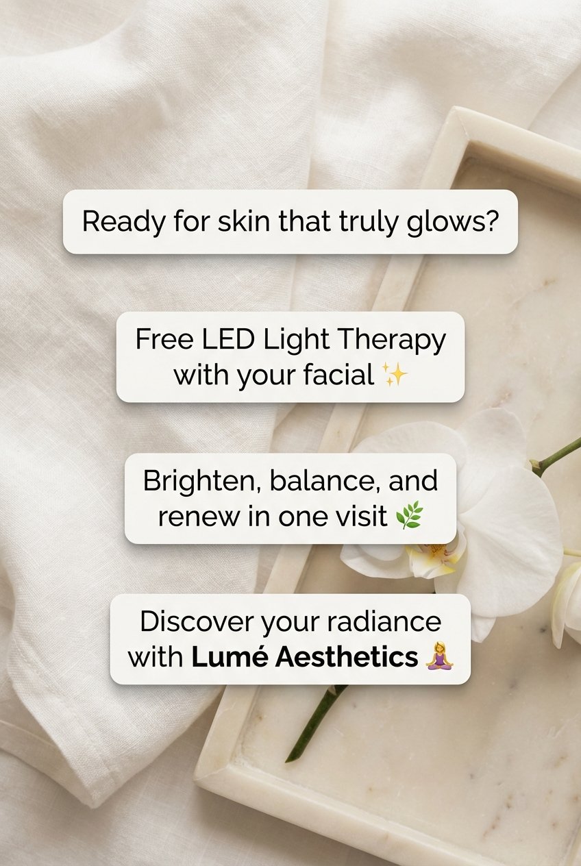 Text overlay on a white fabric background advertising LED light therapy for the face, emphasizing glowing skin, brightness, balance, renewal, and radiance with Lumé Aesthetics.