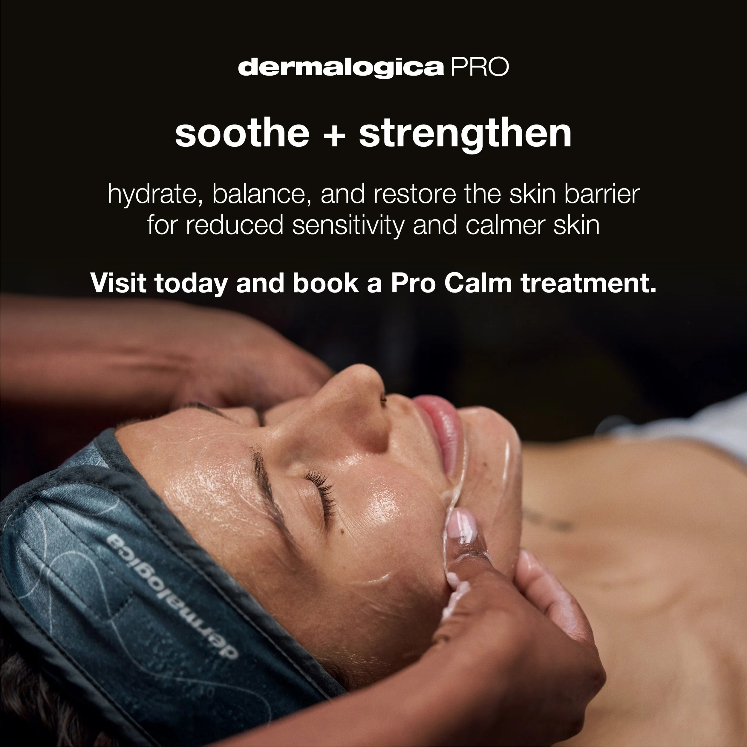 A woman receiving a facial treatment at a spa, with a headband on and a facial mask being applied, promoting skincare products for skin soothing and strengthening.