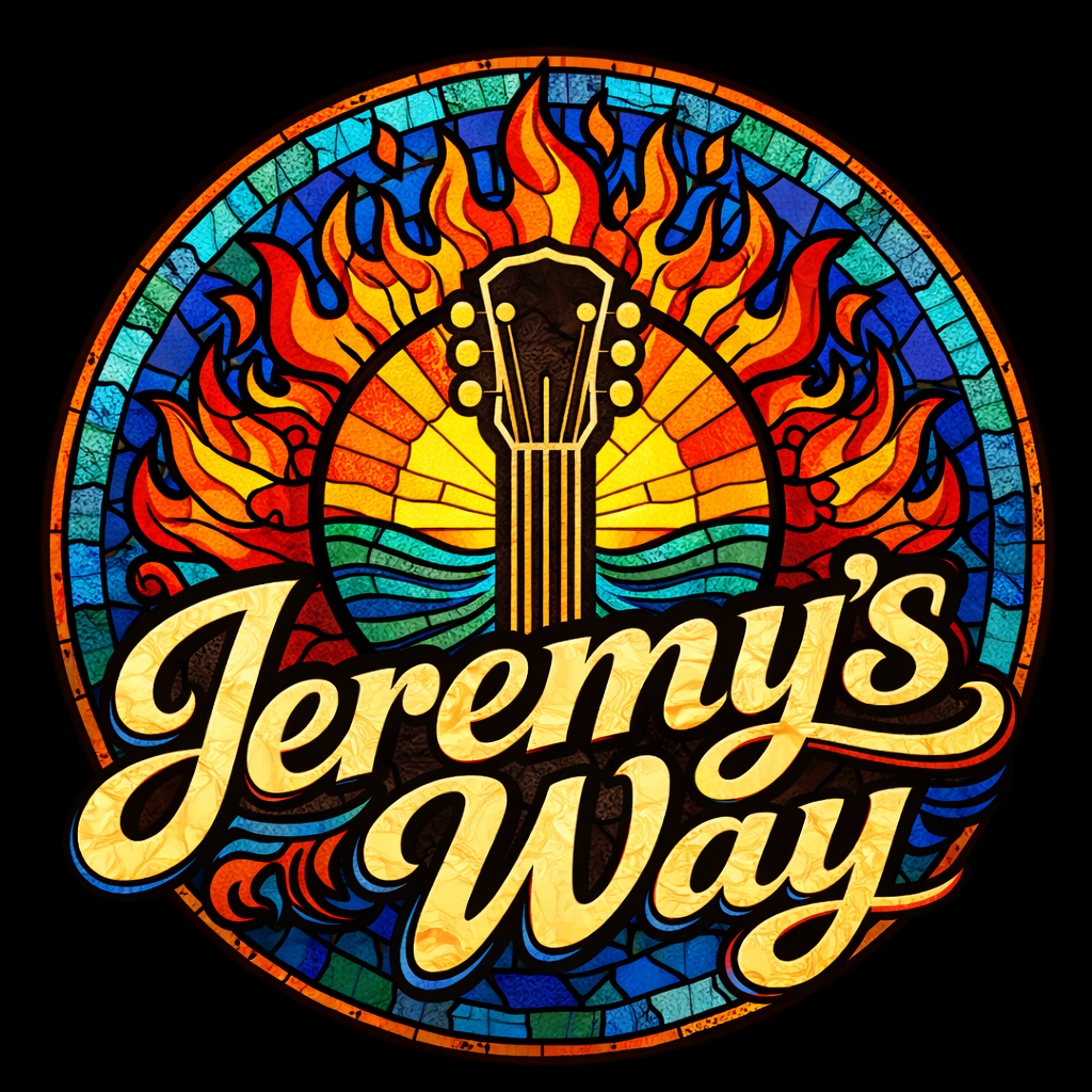Stained glass circular logo with flames, a guitar at the center, and the text "Jeremy's Way" in bold, stylized font.