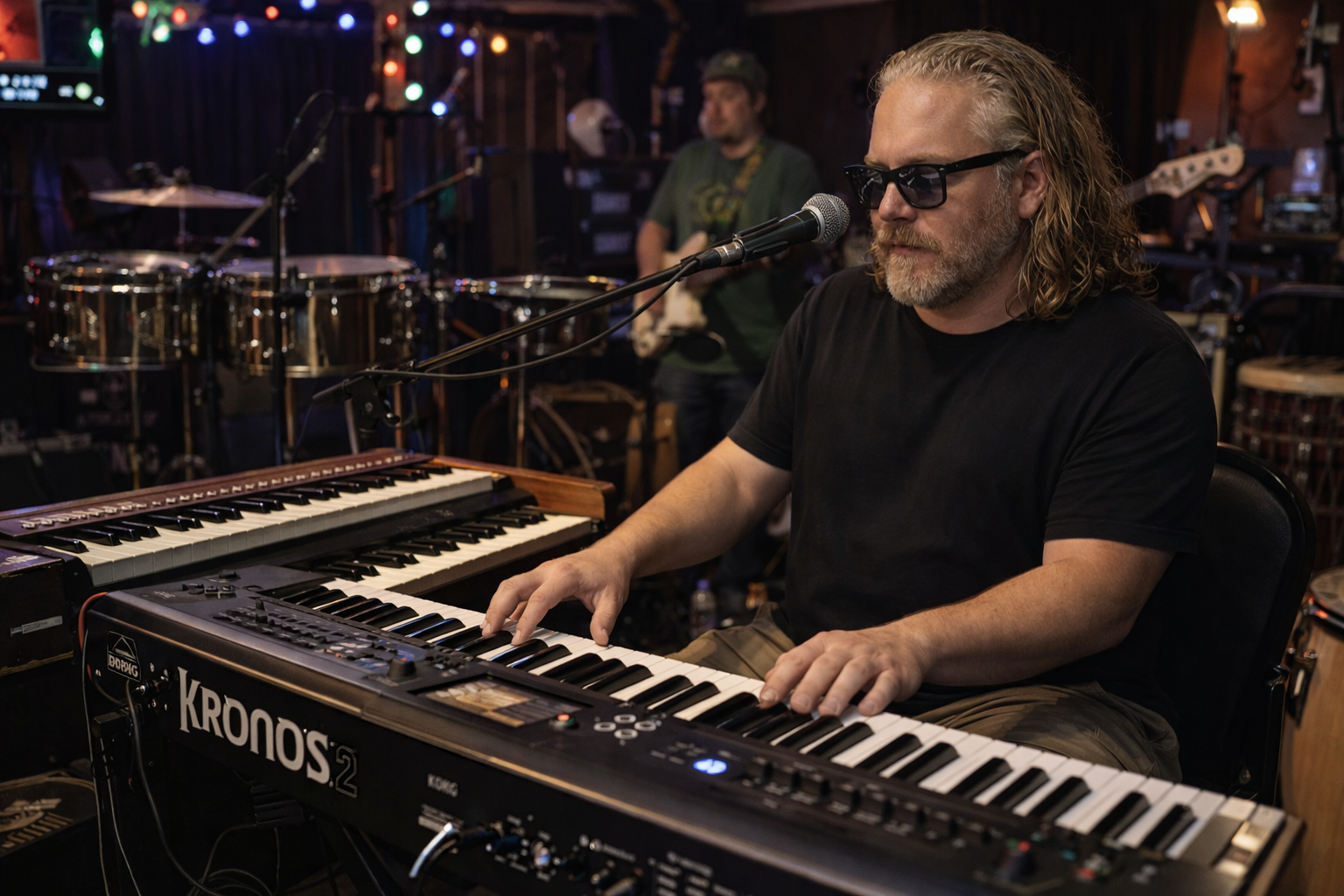 A man with long gray hair and beard, wearing glasses and a black t-shirt, playing a Korg Kronos keyboard in a dimly lit music venue.