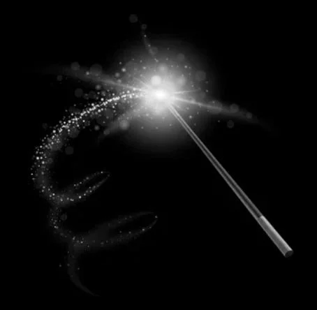 A magic wand casting a bright spark with swirling glowing particles against a black background.