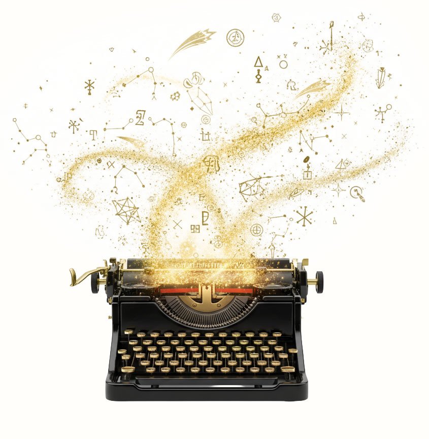 A vintage typewriter with glowing, golden dust, stars, and celestial symbols emerging from it, creating an imaginative depiction of word creation and cosmic inspiration.