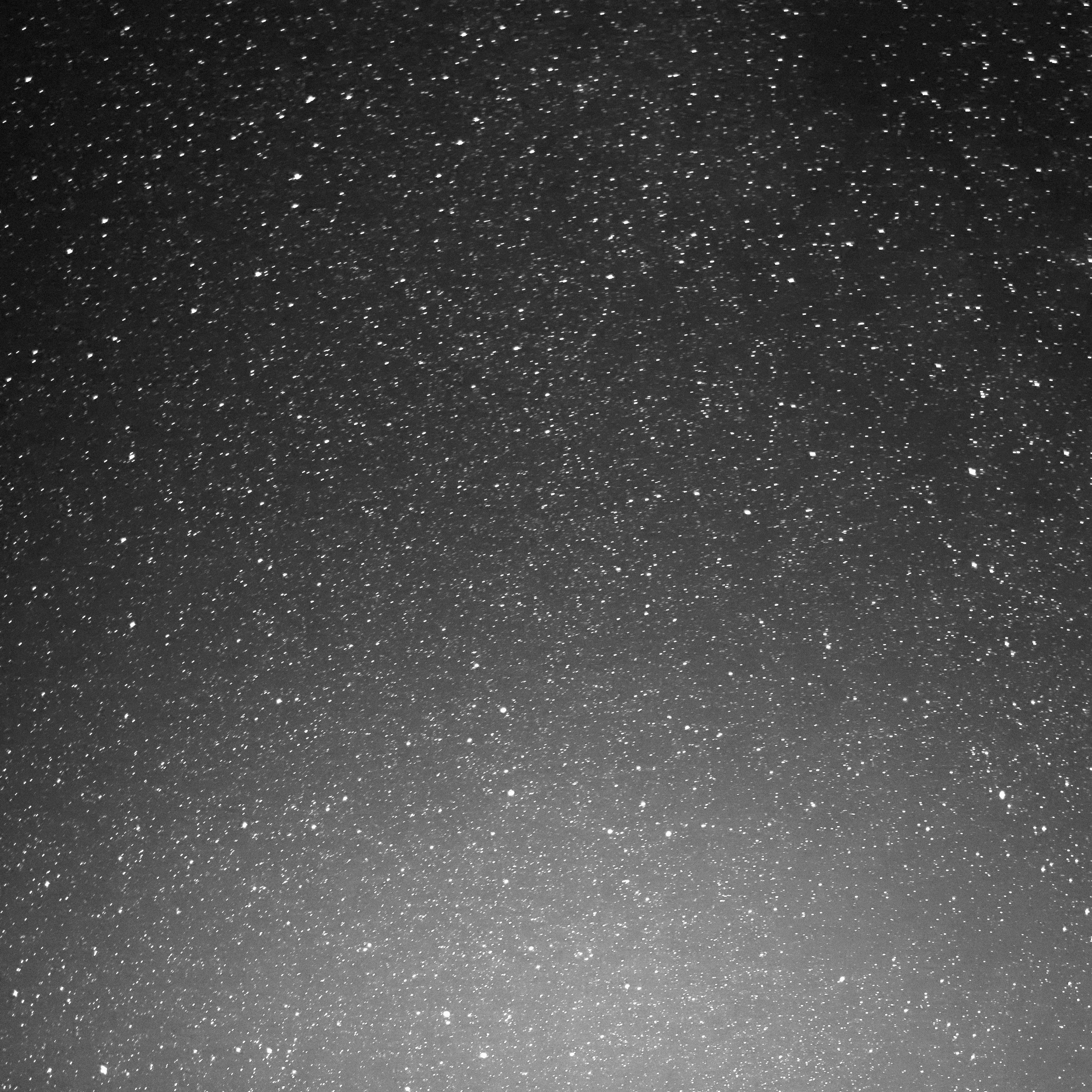 Black and white photograph of a starry night sky with numerous stars scattered across the sky.