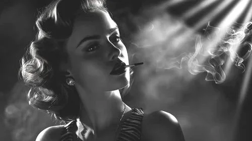 A woman with classic vintage hairstyle and makeup, smoking a cigarette with smoke swirling around her face in a black-and-white photo.