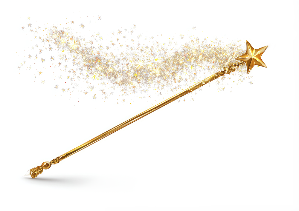 A golden magic wand with a star on top, emitting sparkling gold and silver stars and glitter.