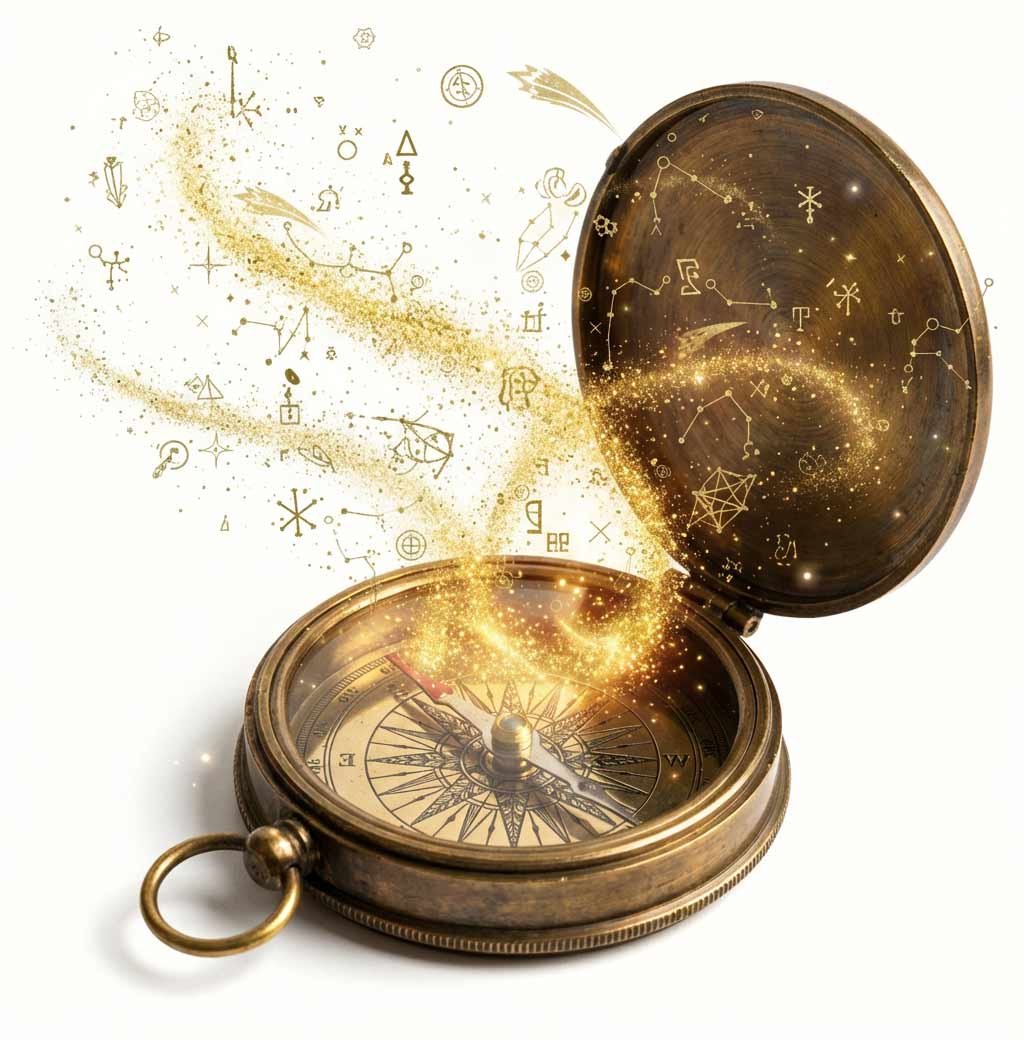 An antique brass compass with its lid open, with a magical swirl of golden sparkles and mystical symbols emanating from its center, creating a cosmic and celestial effect.