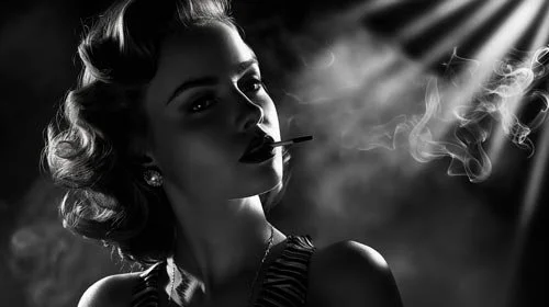 A woman with styled hair and makeup smoking a cigarette in a dramatic, black-and-white setting.