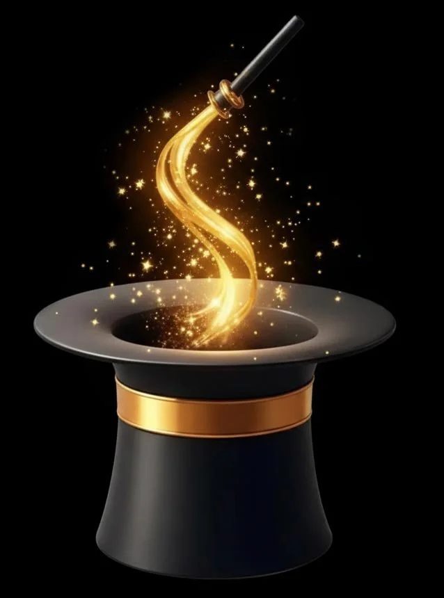 Magic wand emanating golden sparkles and a glowing swirl emerging from a magician's hat.