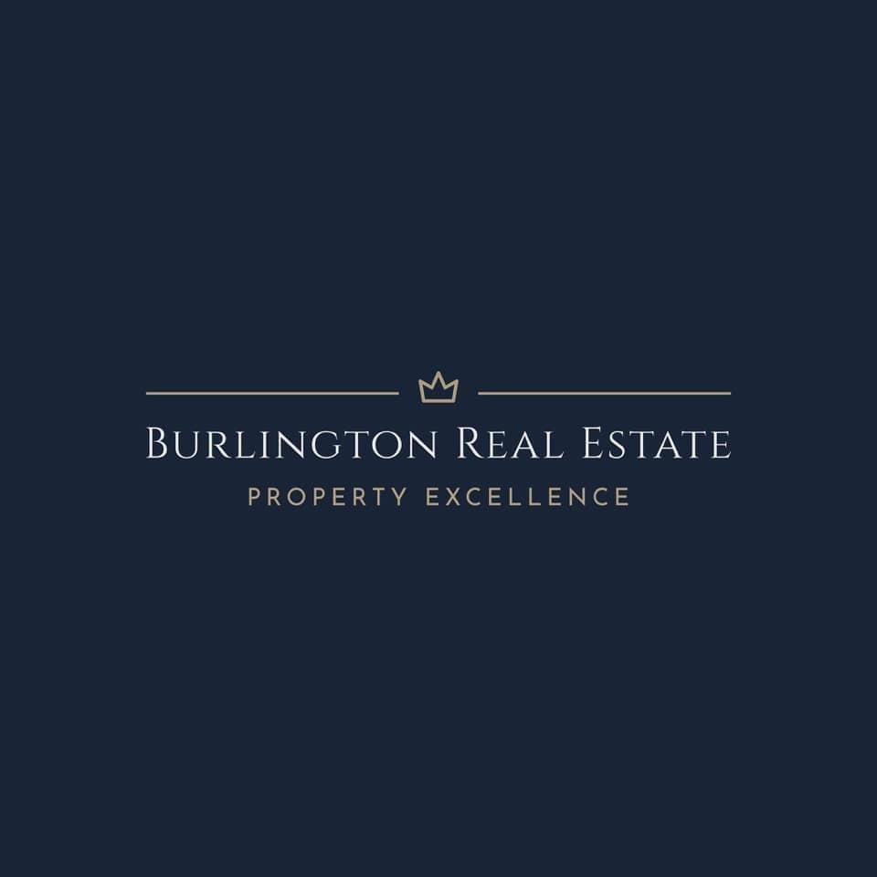 Burlington Real Estate logo with a dark background, gold and white text, and a small crown icon above the company name.