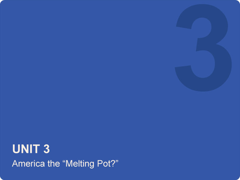A blue cover page for a unit titled 'UNIT 3 America the "Melting Pot?"' with a large number 3 in the top right corner.