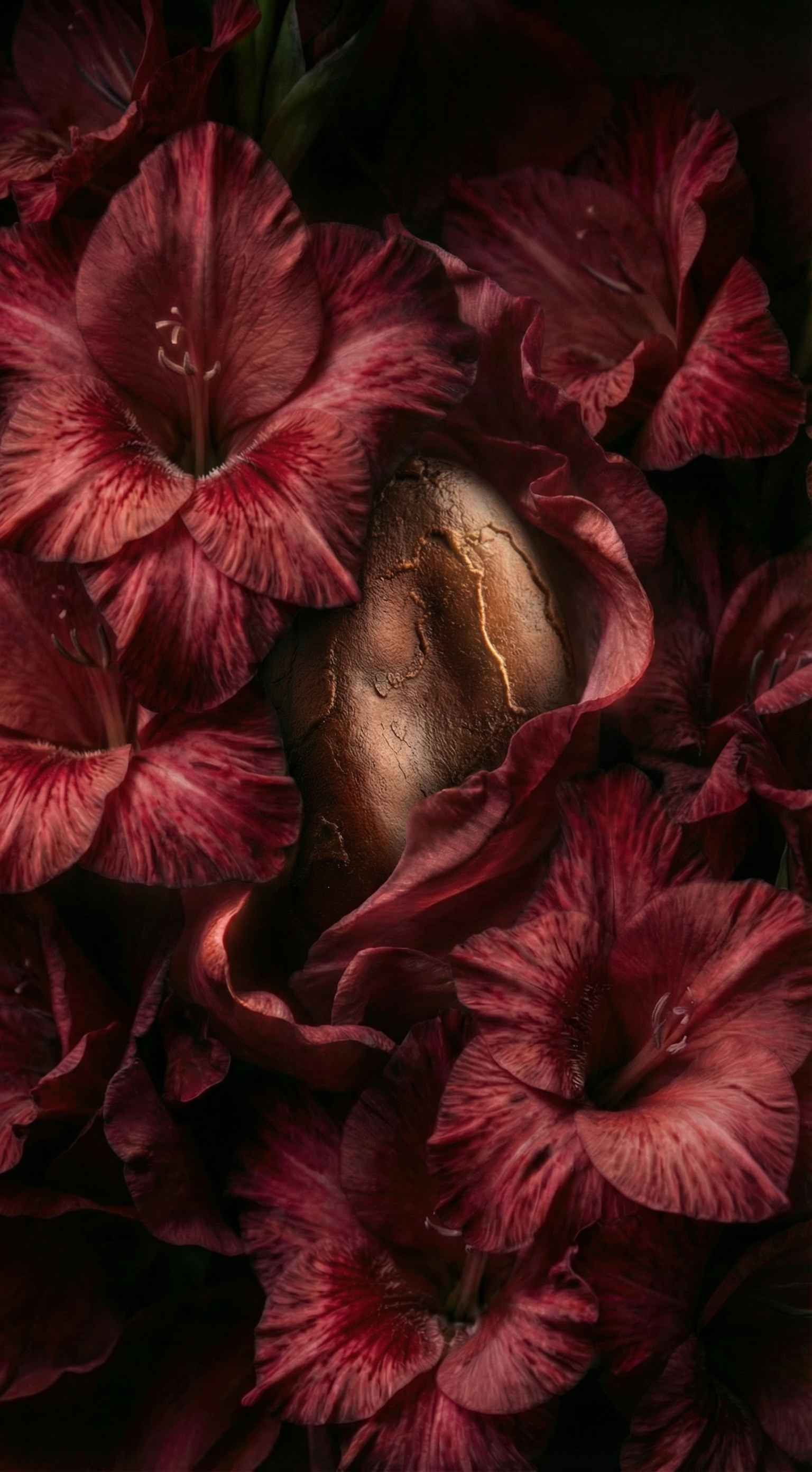 Raw cacao bean and red flowers.png
