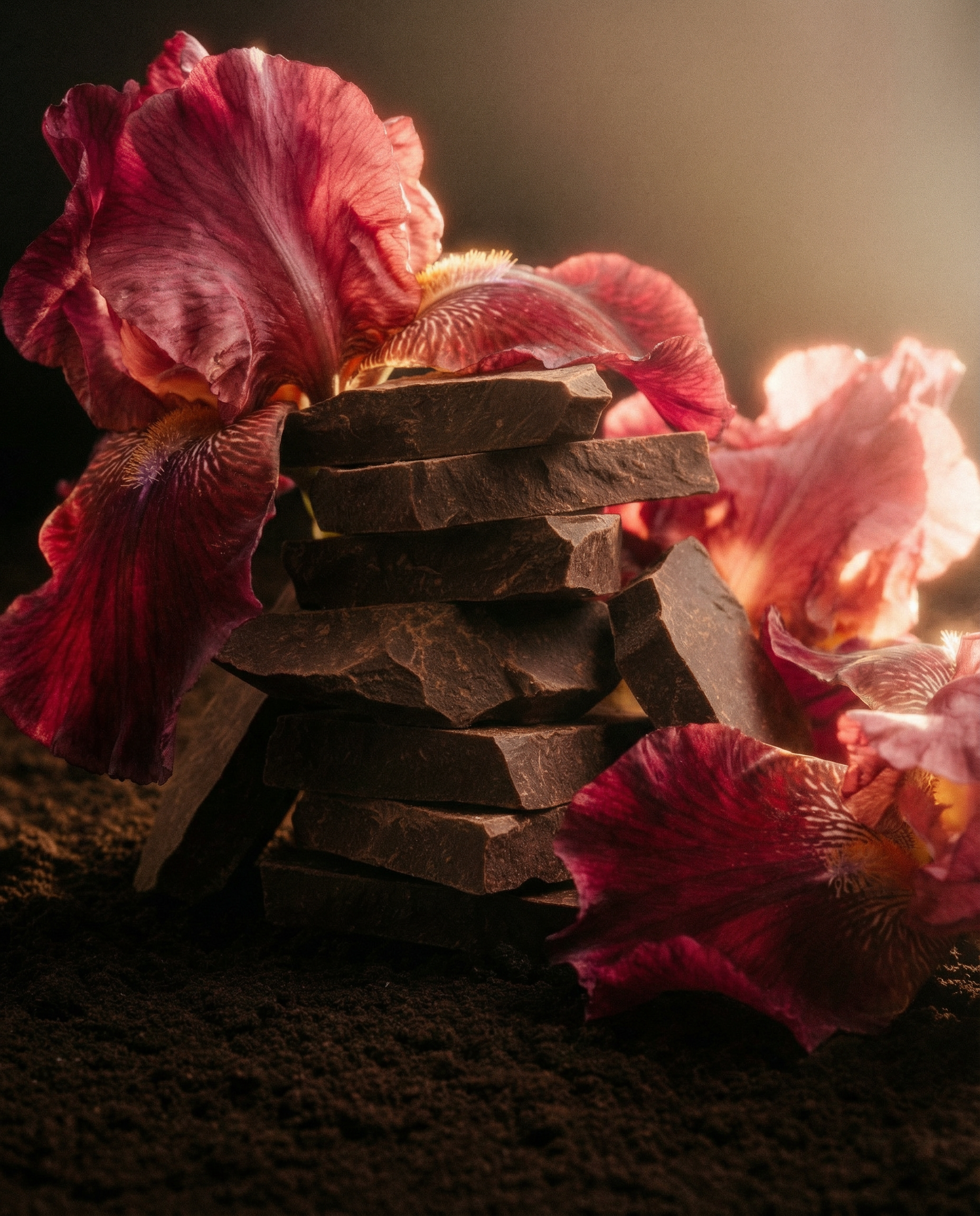 A stack of dark chocolate pieces surrounded by pink and purple flower petals on dark soil.