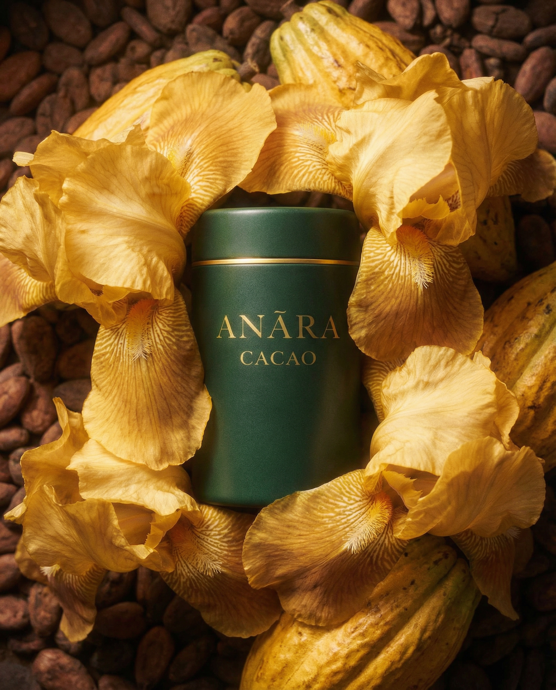 A green container labeled 'ANĀRA CACAO' surrounded by yellow orchid flowers and cocoa pods on a bed of cocoa beans.