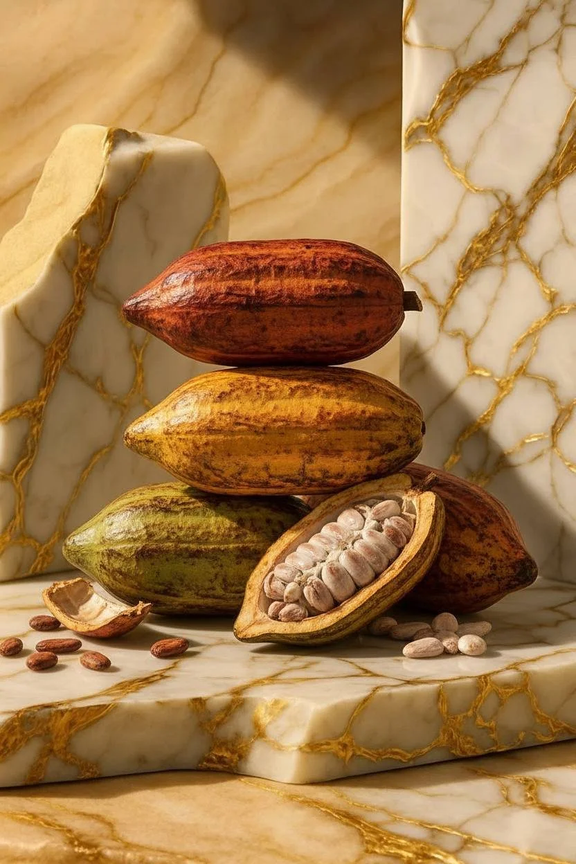 The image features a stack of three cacao pods in different shades of brown and green, with a halved cacao pod showing beans inside. The background and surface are made of elegant marble with gold veins.