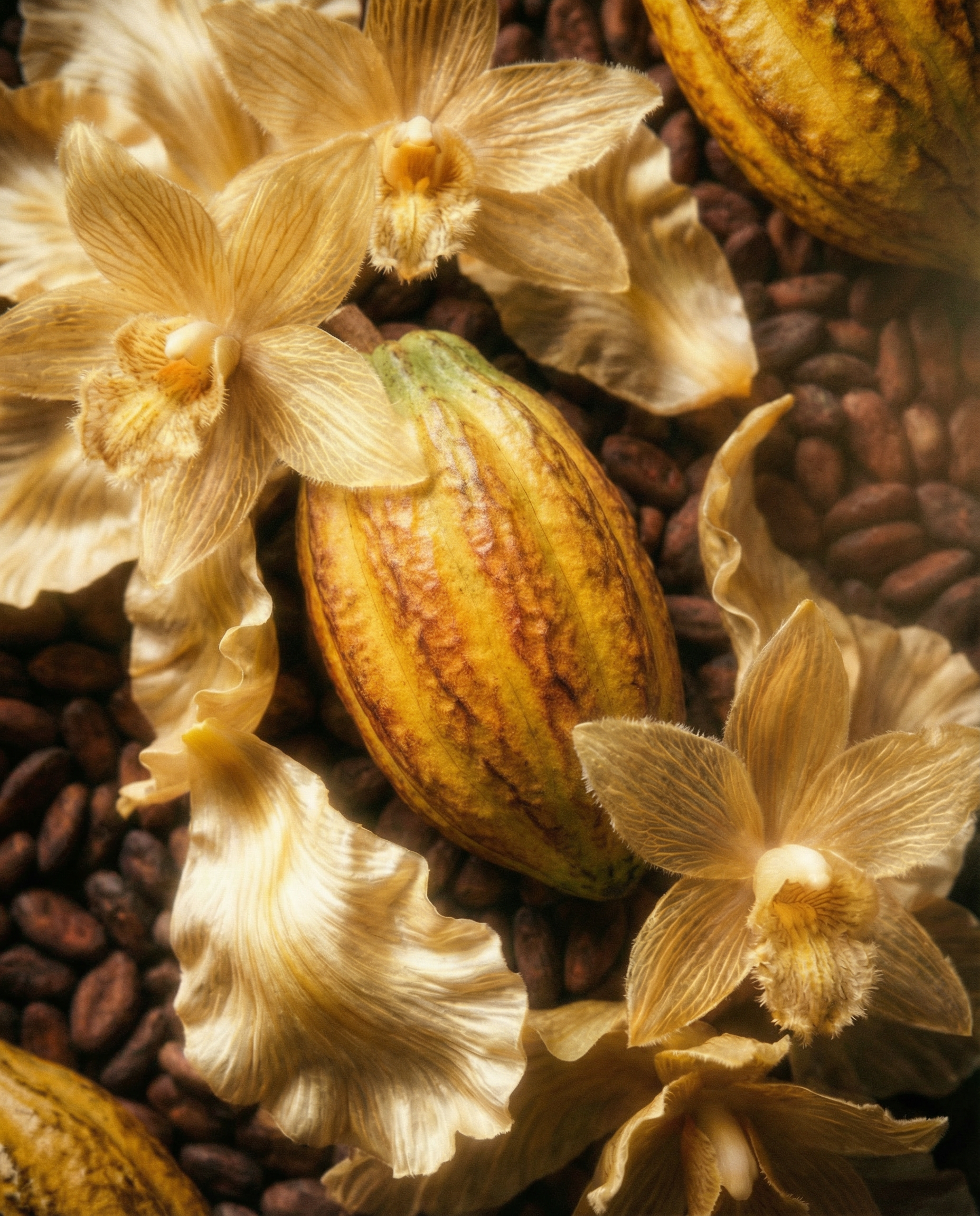 Vanilla orchid flowers and cocoa beans.