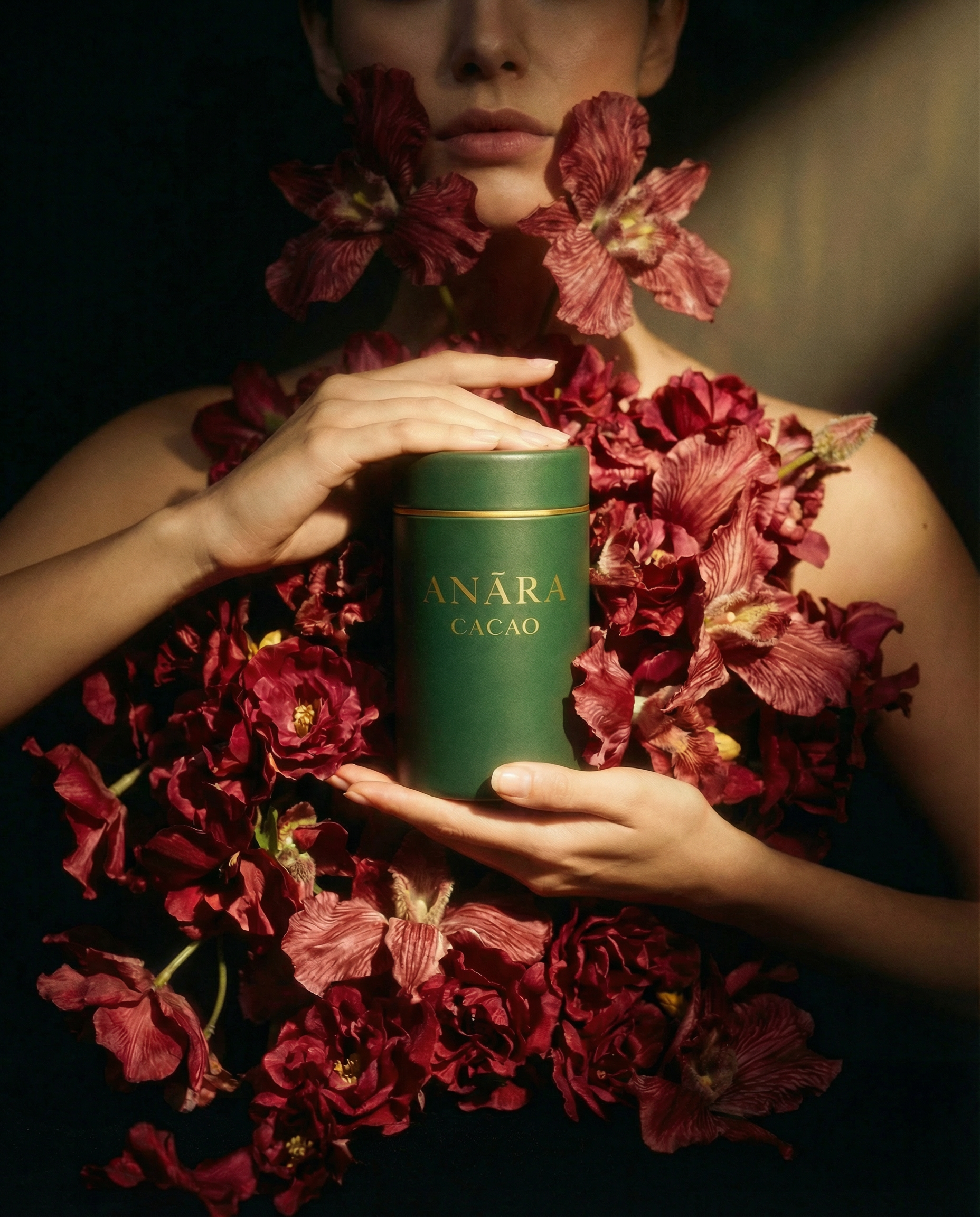 A woman surrounded by red flower petals holds a green container labeled 'ANĀRA CACAO'.