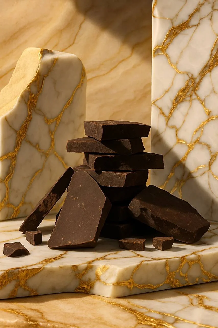 A stack of broken dark chocolate pieces on a white marble surface with gold veins, surrounded by larger marble slabs with similar gold veining.