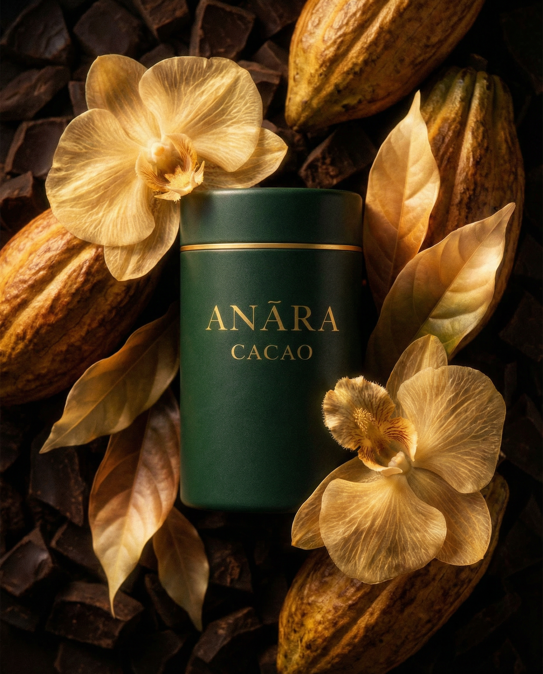 A green container labeled 'ANÁRA CACAO' surrounded by dried cacao pods, golden orchid flowers, and dried leaves on a dark background.