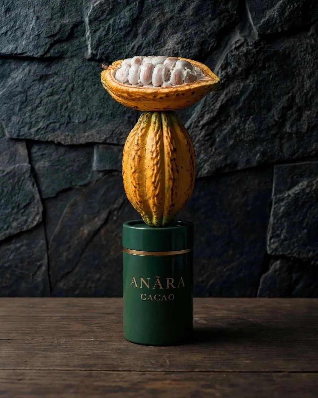 A cacao pod cut in half, with beans inside, balanced on a green container labeled 'ANÁRA CACAO', set on a wooden surface against a dark stone wall background.