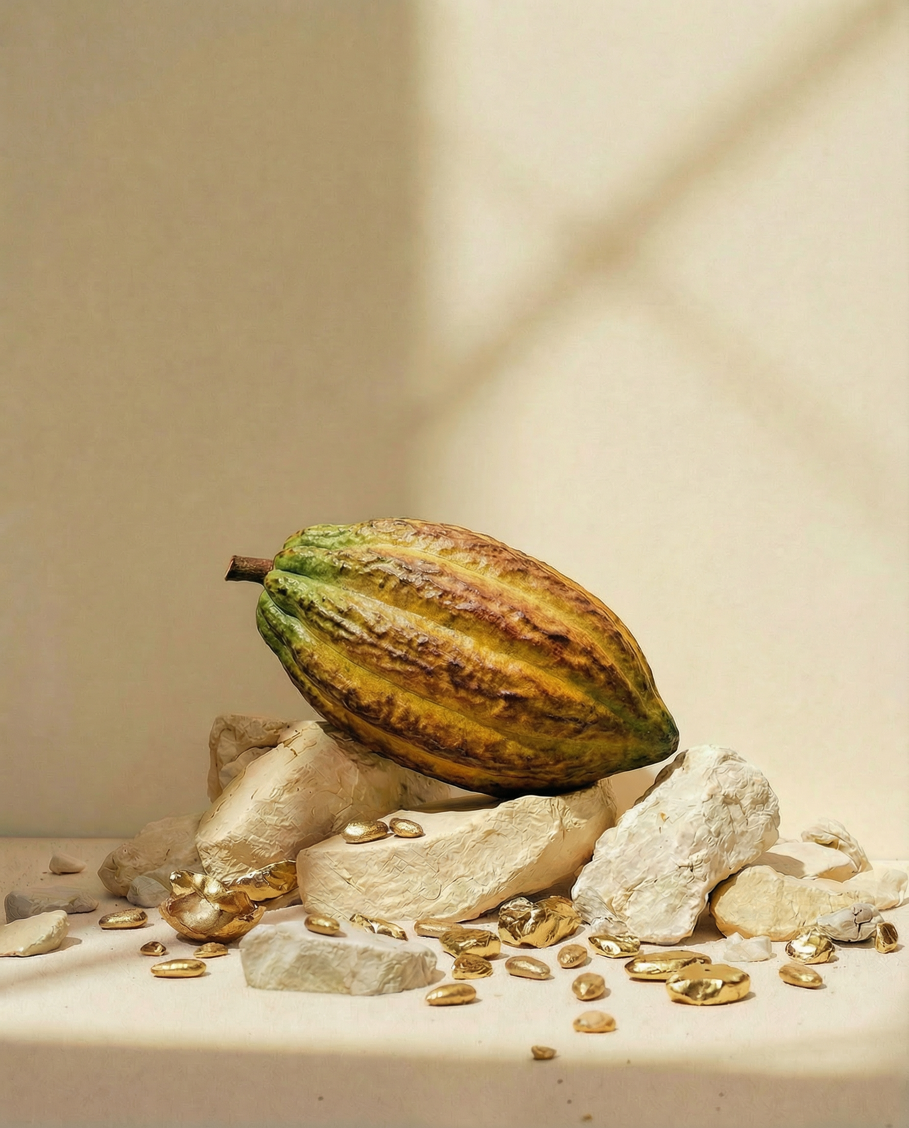 cacao pod on raw rocks and solid gold