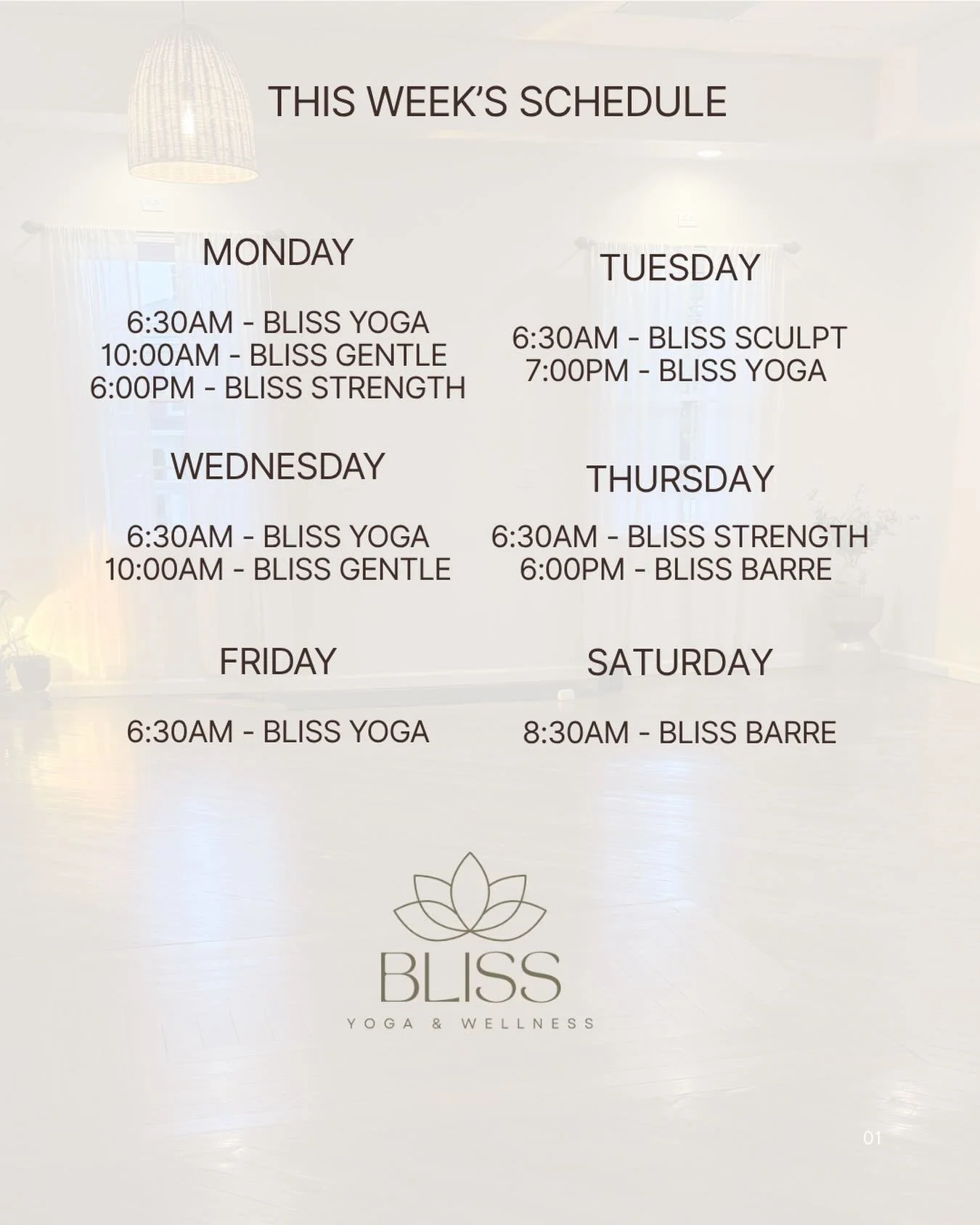 This week at Bliss Yoga and Wellness ✨

Whether you&rsquo;re looking to energize your morning or decompress after a busy day, we&rsquo;ve got a class for you.