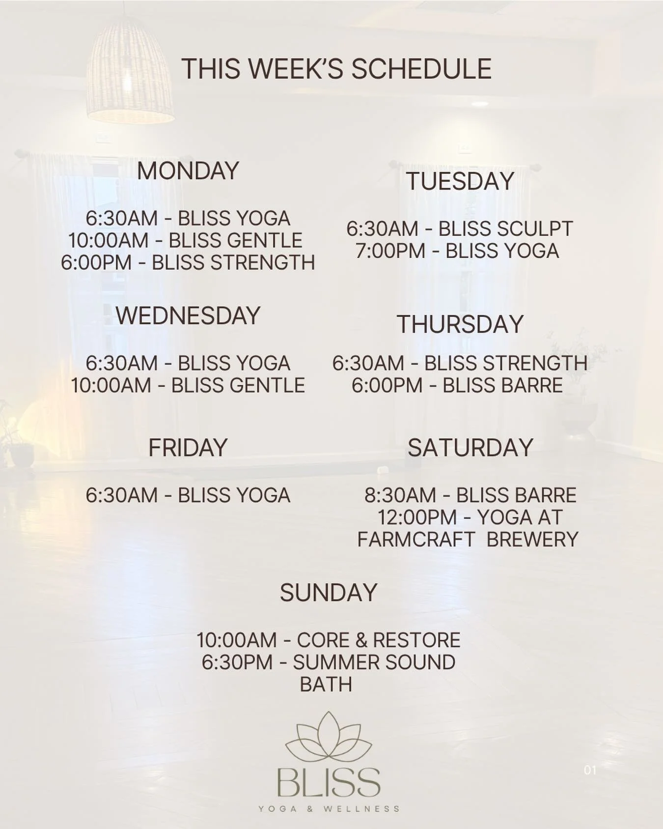 This week at Bliss Yoga and Wellness ✨

Join us for your favorite classes plus a few special events:

Sunday is the final Core &amp; Restore class 
Yoga at Farmcraft Brewery this Saturday at noon
Summer Sound Bath Sunday evening for the ultimate rese
