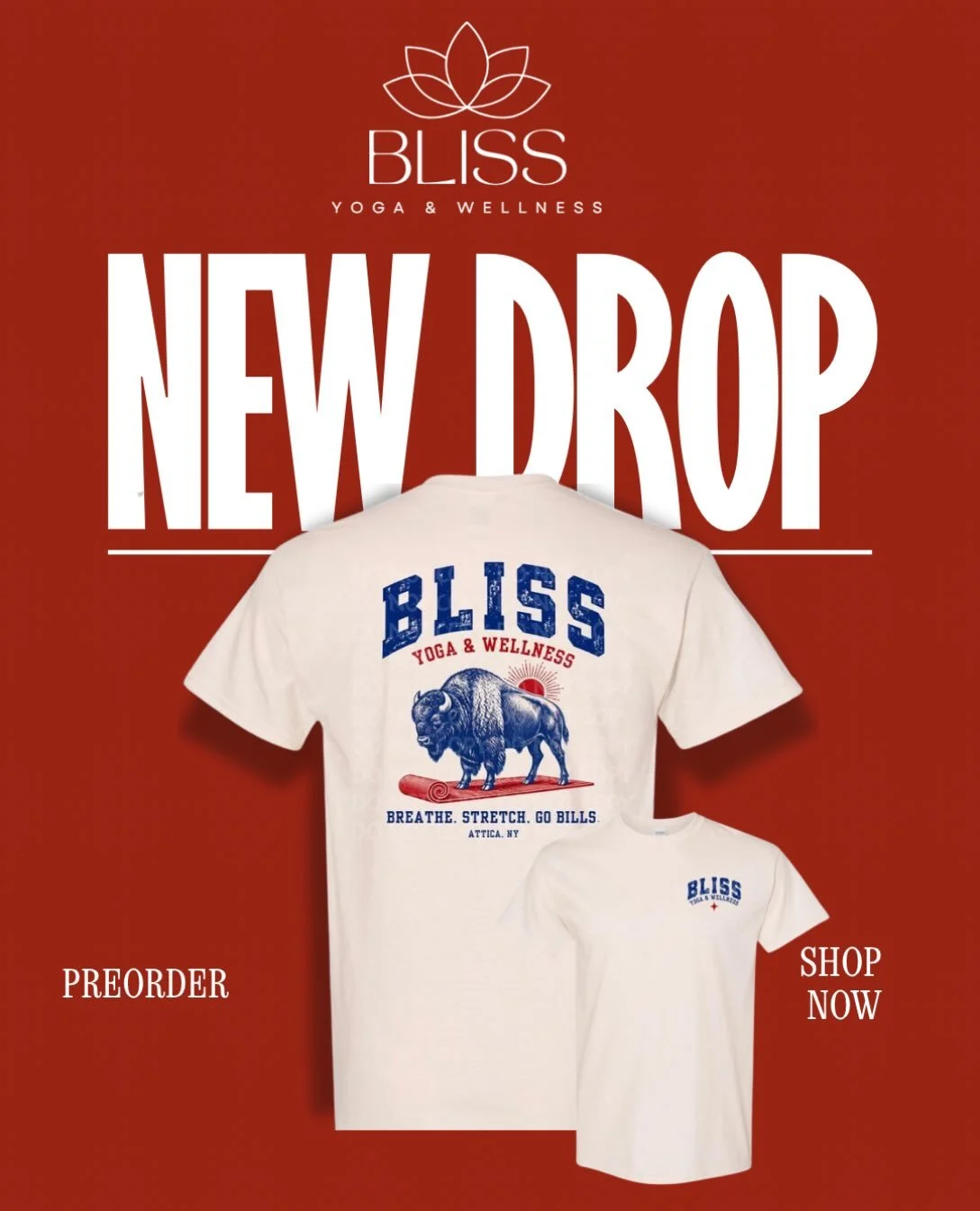 Breathe. Stretch. Go Bills. 💙❤️🦬
Our new Bliss game-day tee is available for preorder! I love how this design brings together a little Buffalo pride and our Bliss community. I can&rsquo;t wait to wear mine!
Order by October 23rd to reserve your siz