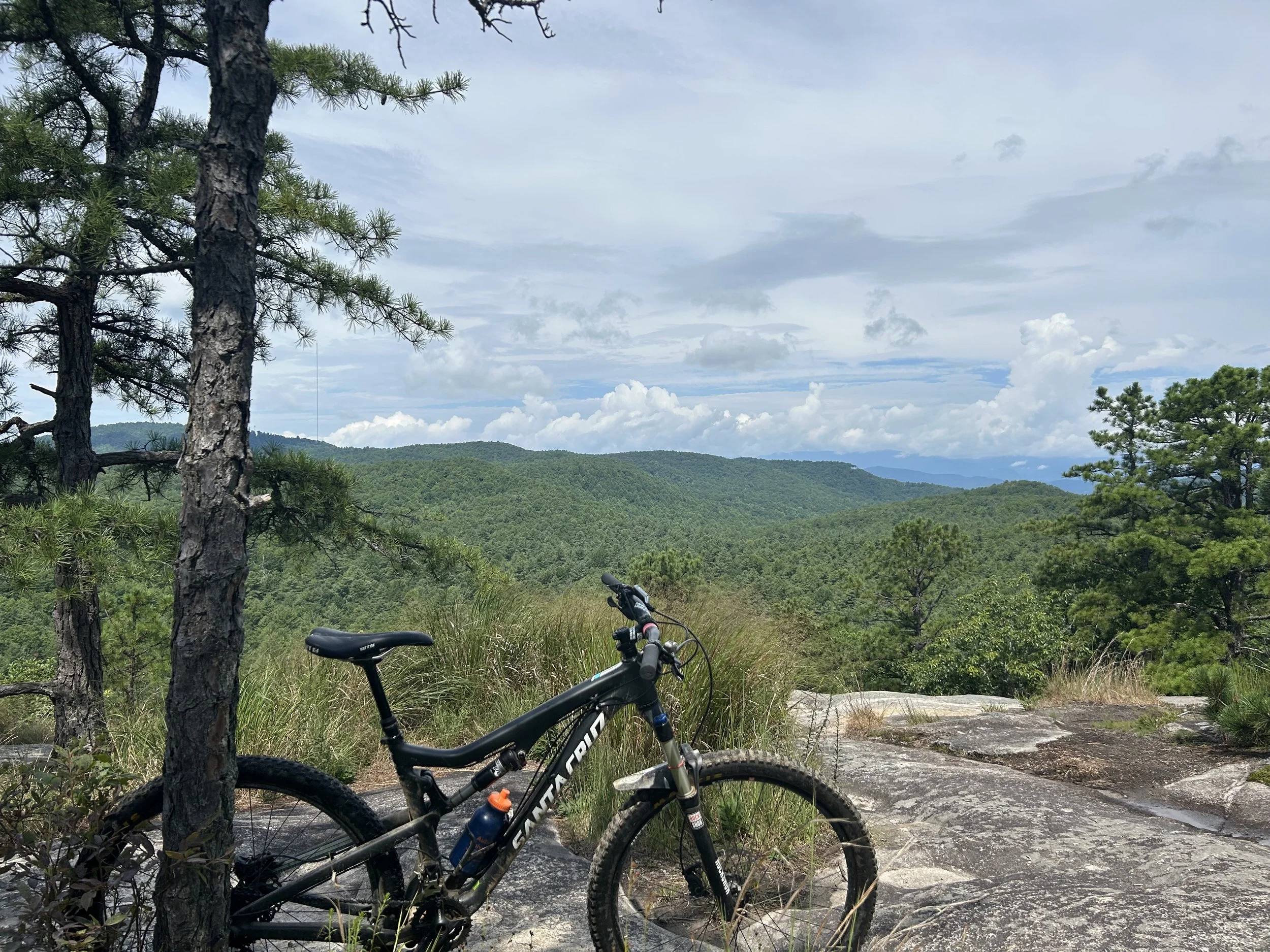Mountain bike resting on a rocky trail surrounded by trees, overlooking forested hills under a cloudy sky.